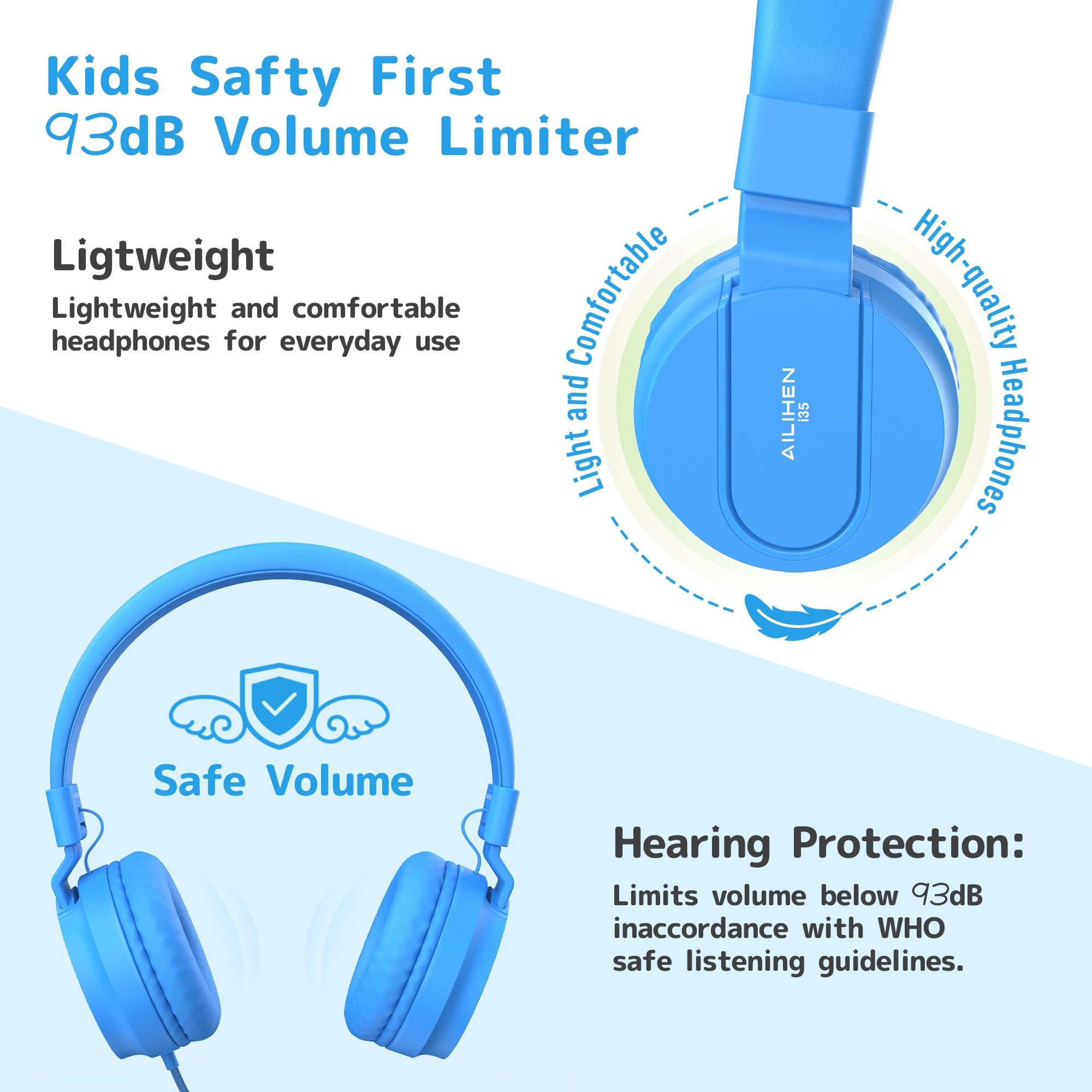 AILIHEN 10 Pack Classroom Headphones for Kids - 93dB Volume Limited Wired On-Ear Headset with Microphone, Durable 3.5mm Jack for School K-12 Students, Chromebook, Computer & Library Use - Perfect for Online Learning, Classroom Activities & Quiet Study Time