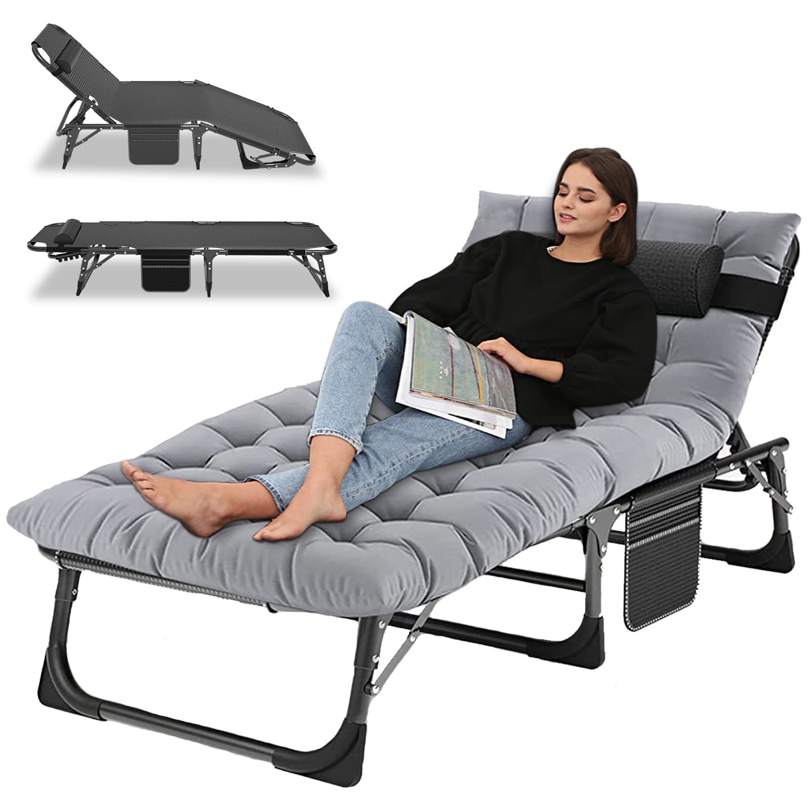 LILYPELLE Adjustable 4-Position Camping Cot - Heavy Duty 500lbs Capacity Foldable Chaise Lounge with Pillow - Portable Outdoor Furniture for Adults - Perfect for Camping, Backyard, Beach, Poolside & Patio Relaxation