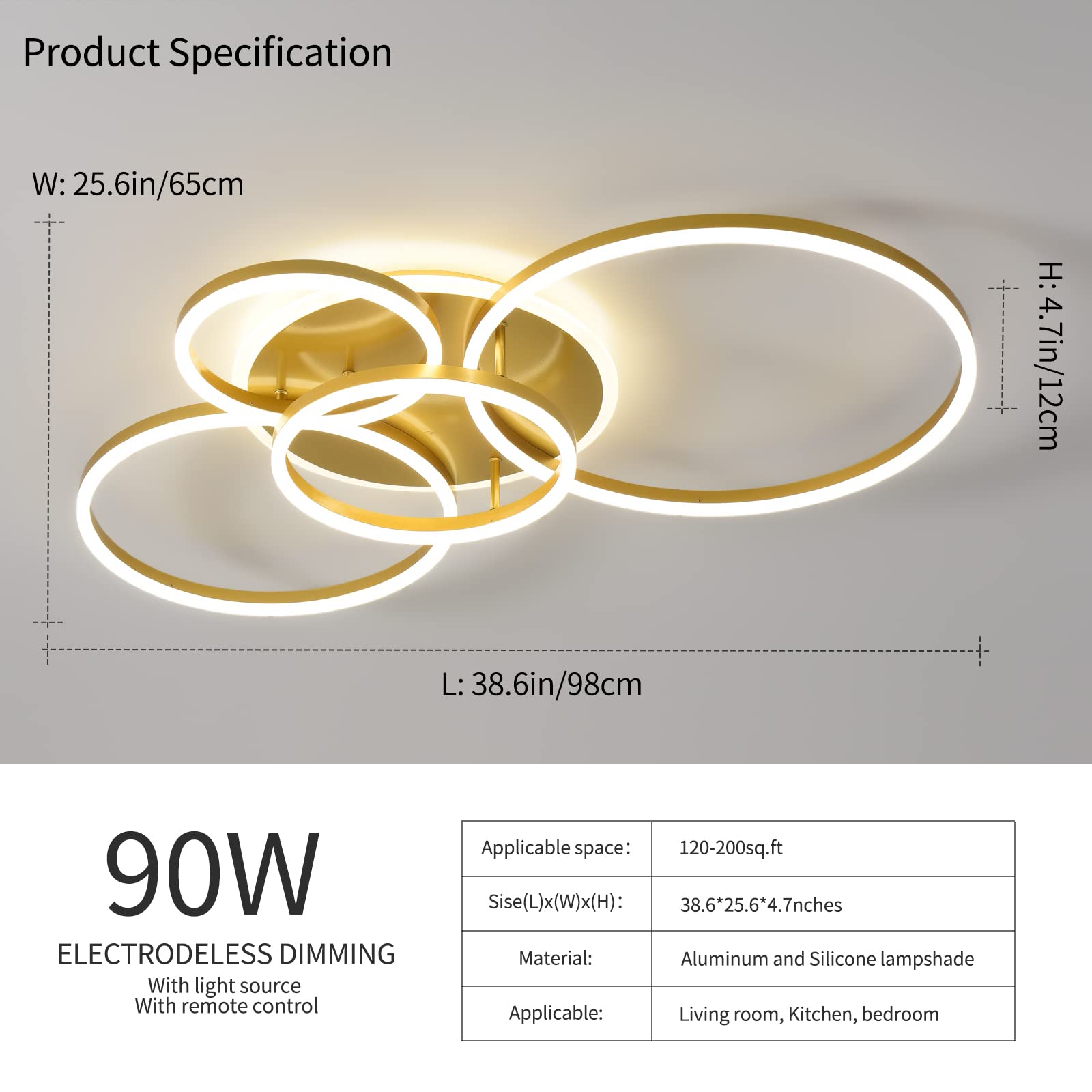90W Modern LED Ceiling Light Fixture - Dimmable Flush Mount Chandelier with Remote Control, 5-Ring Gold Acrylic Design for Living Room, Bedroom & Kitchen | Energy-Efficient Lighting Solution for Home Decor & Ambient Illumination