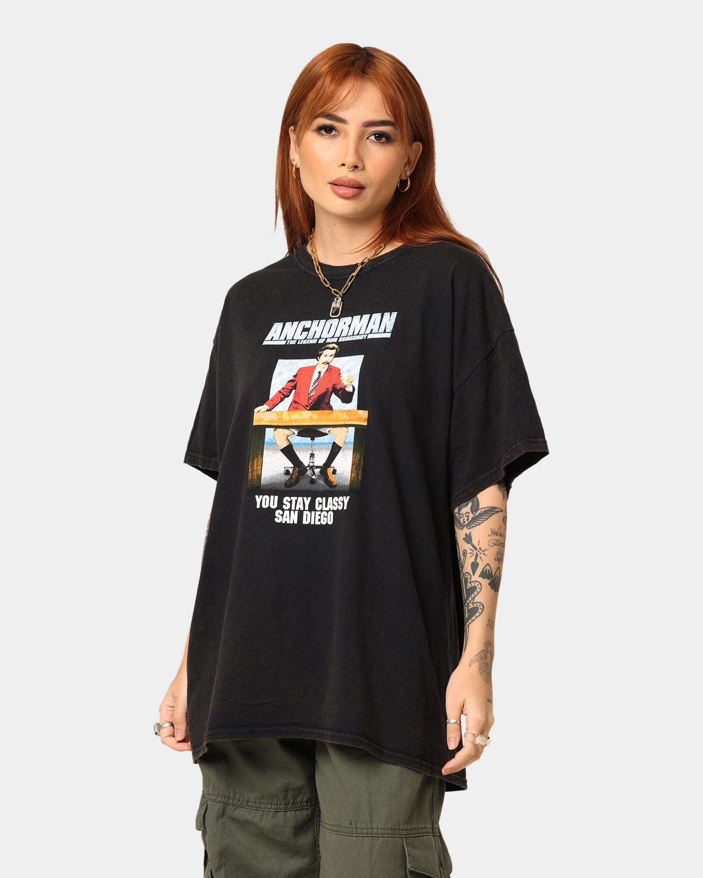 Vintage American Thrift X Anchorman Graphic T-Shirt - Black Washed Cotton Tee for Casual Wear & Movie Fans