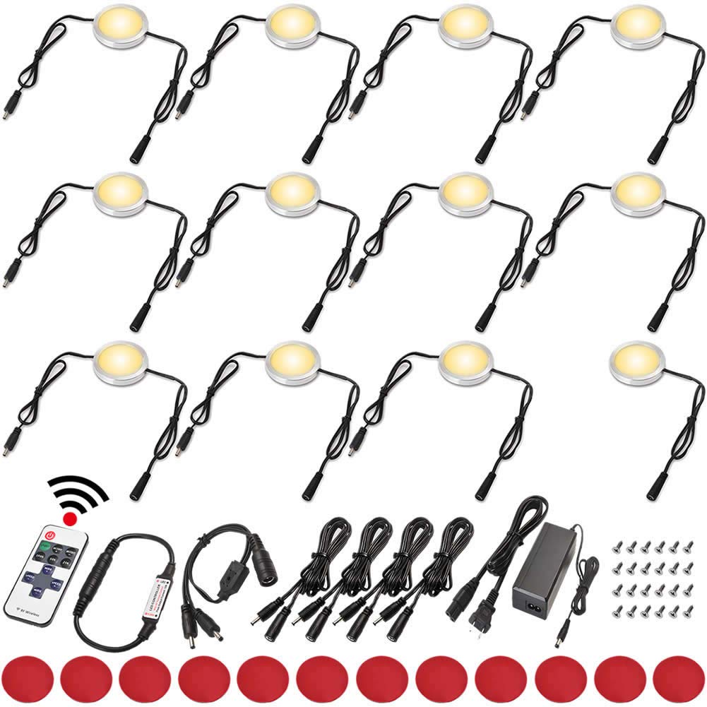 LED Under Cabinet Lighting Linkable Kit - Wireless Dimmable Puck Lights with RF Remote Control, 110V to 12V Direct Wired (12 or 6 Lights) - Warm White for Kitchen, Closet, Shelf, and Display Case Lighting