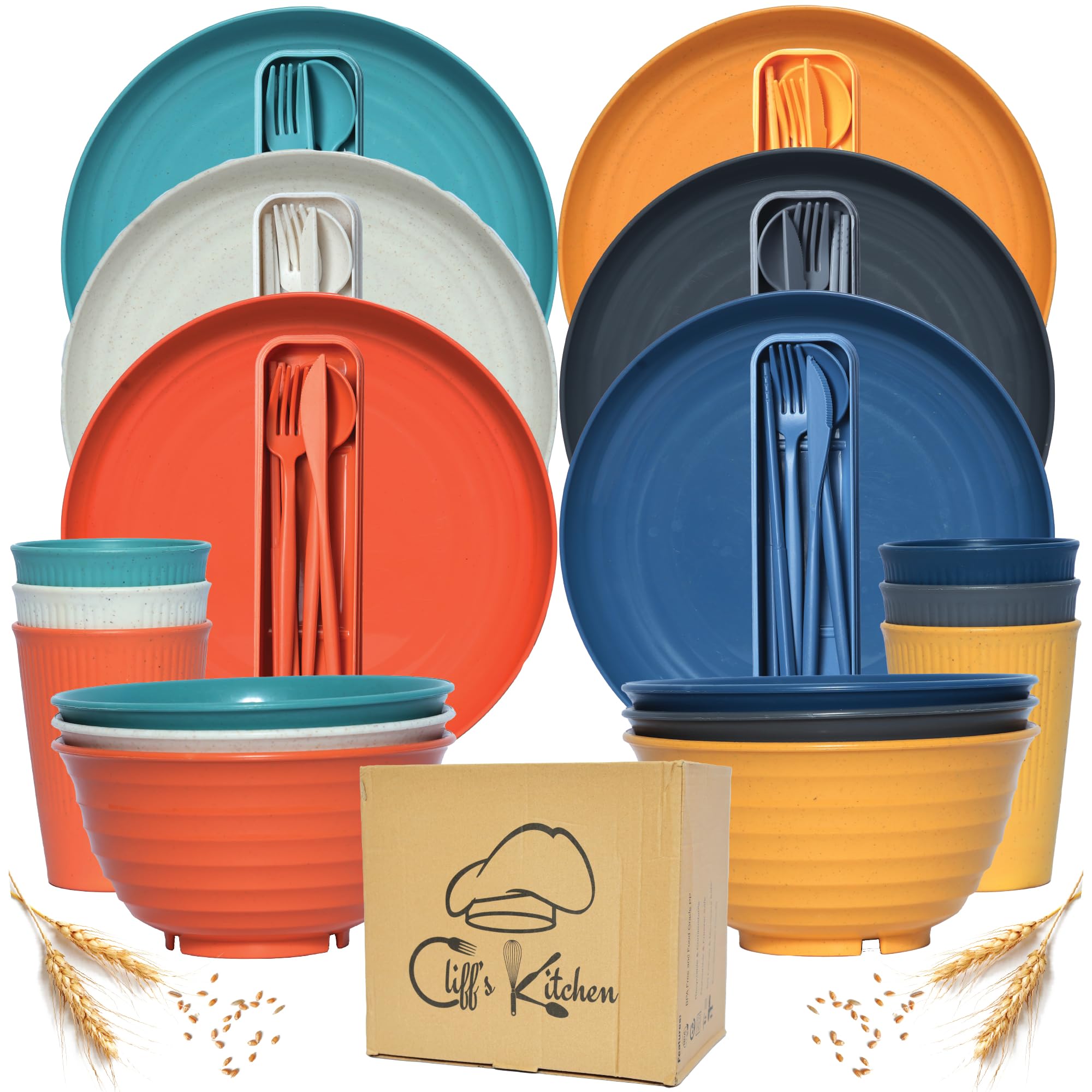 48 Pcs Eco-Friendly Wheat Straw Dinnerware Set for 6 - Unbreakable, BPA-Free Plates, Bowls & Cups - Microwave & Dishwasher Safe - Lightweight RV Camping Dishes for Outdoor Picnics, Parties & Travel