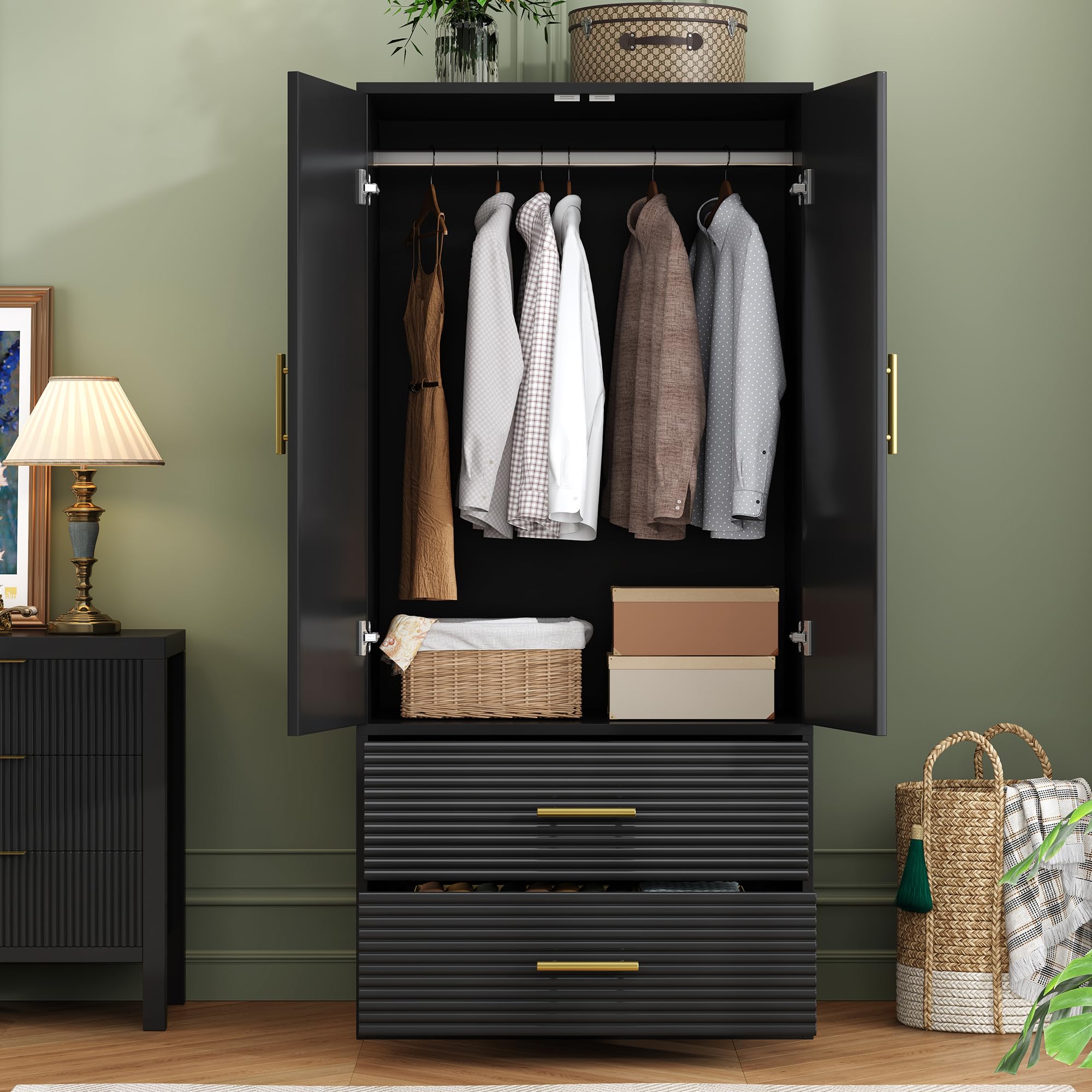 2-Door Freestanding Wardrobe Closet with Hanging Rod & 2 Drawers - Farmhouse Style Storage Cabinet for Bedroom, Black - Perfect for Small Spaces, Guest Rooms & Dorm Organization