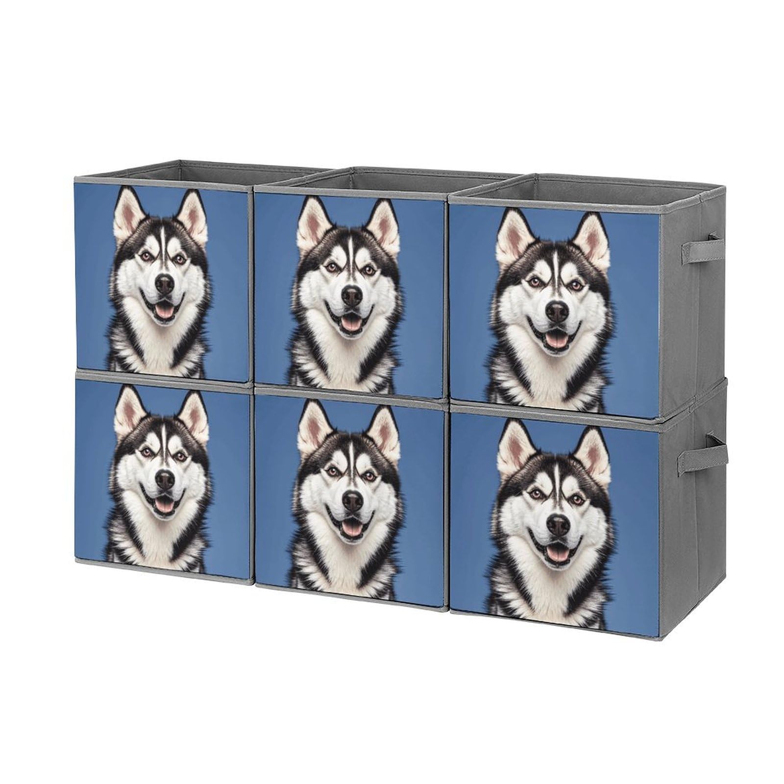 6PCS Collapsible Storage Bins with Handles - Husky Dog Printed Foldable Organizing Boxes for Home, Kitchen, Bathroom & Office | Space-Saving Storage Solutions for Shelves, Cabinets & Closet Organization