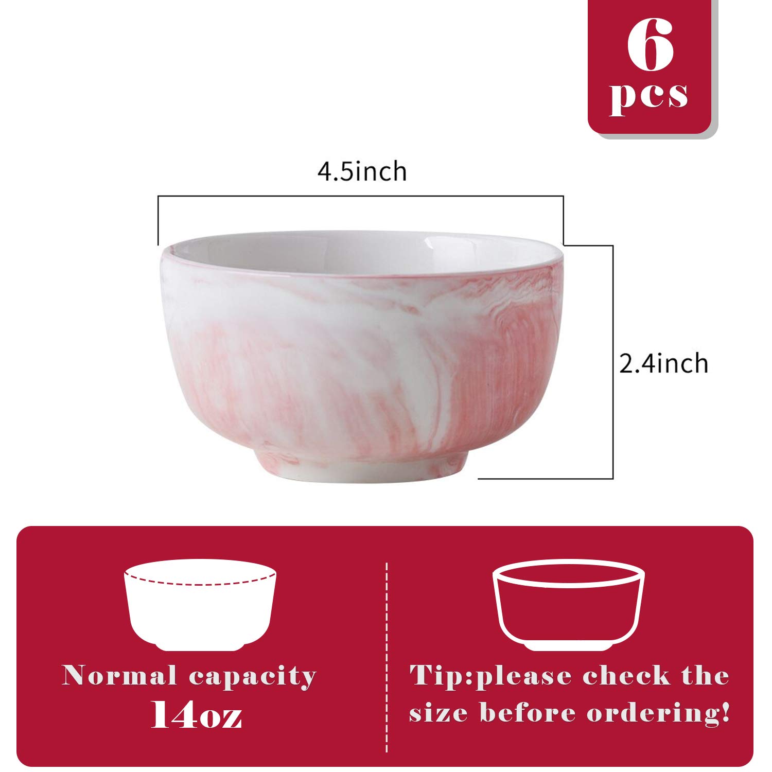 Yundu 14oz Pink Marble Porcelain Bowls Set of 6 - Microwave & Dishwasher Safe - Perfect for Ice Cream, Dessert, Cereal, Soup & Salad - Elegant Serving Bowls for Parties, Daily Use & Home Decor