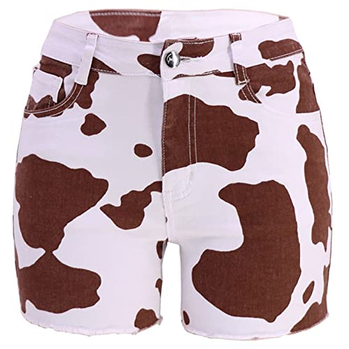 Women's Cow Print Raw Hem Denim Shorts with Pockets - High Waisted Casual Jean Shorts for Summer (Medium, Brown) | Perfect for Beach, Music Festivals & Street Style
