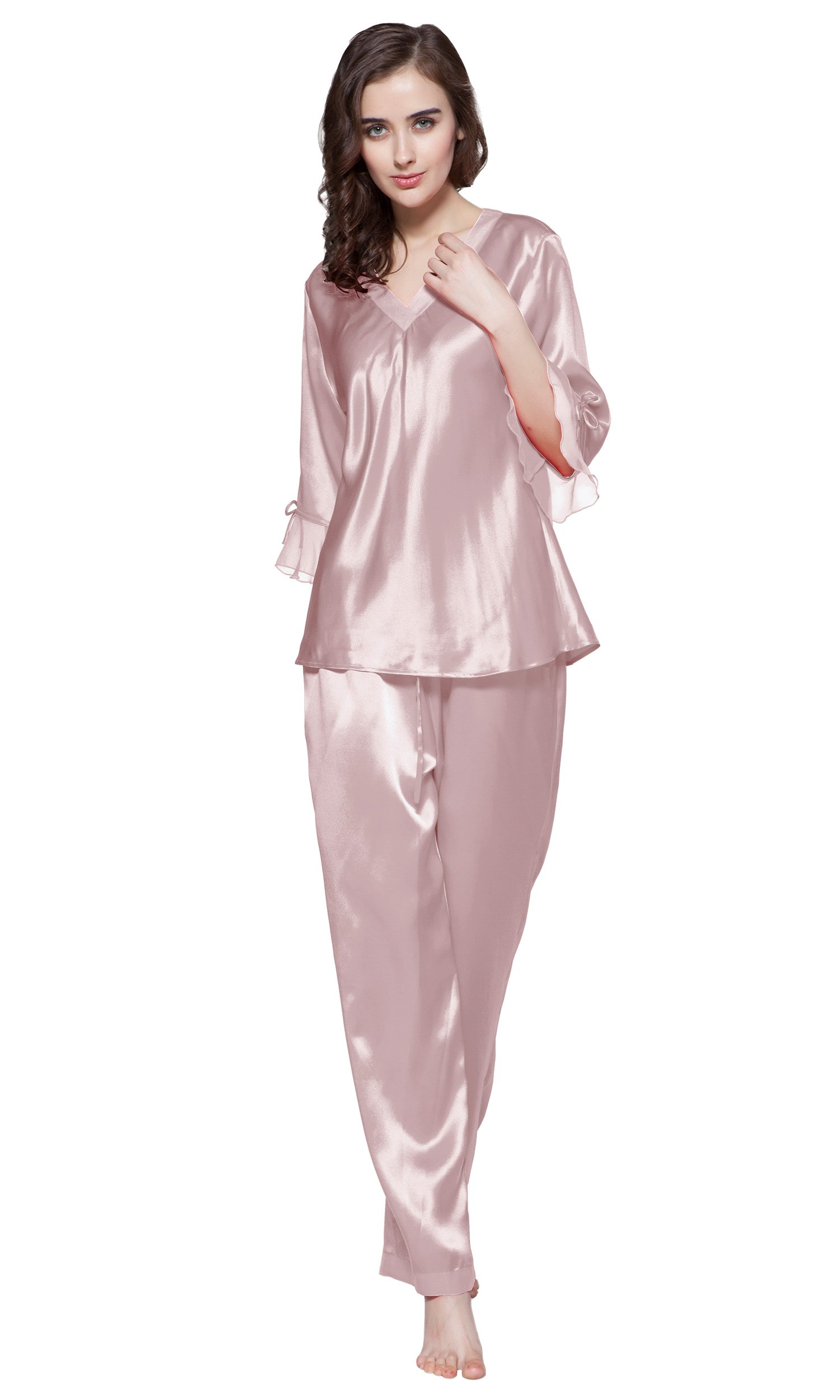 LilySilk Women's 100% Mulberry Silk Pajama Set - V-Neck 3/4 Sleeve Luxury Sleepwear for Comfortable Nights & Relaxing Evenings at Home