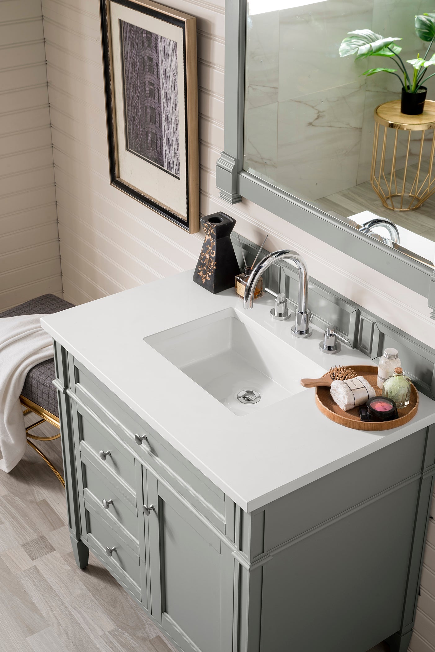 Brittany 36-Inch Urban Gray Bathroom Vanity with 3CM Classic White Quartz Countertop - Perfect for Modern Home Bathroom Remodeling