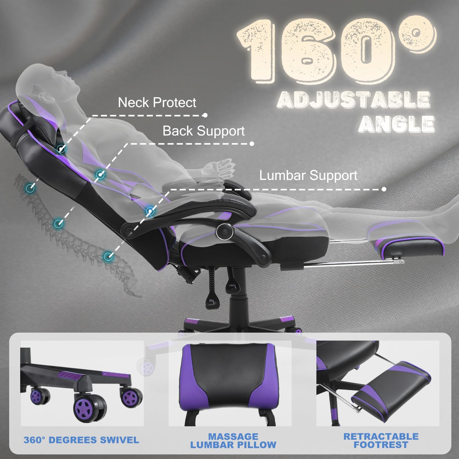 Vonesse Ergonomic Gaming Chair for Adults - High Back Computer Chair with Adjustable Footrest & Massage, Reclining Office & Gaming Chair for Big & Tall Users (Purple/Black) - Perfect for PC Gaming, Streaming & Home Office Setup