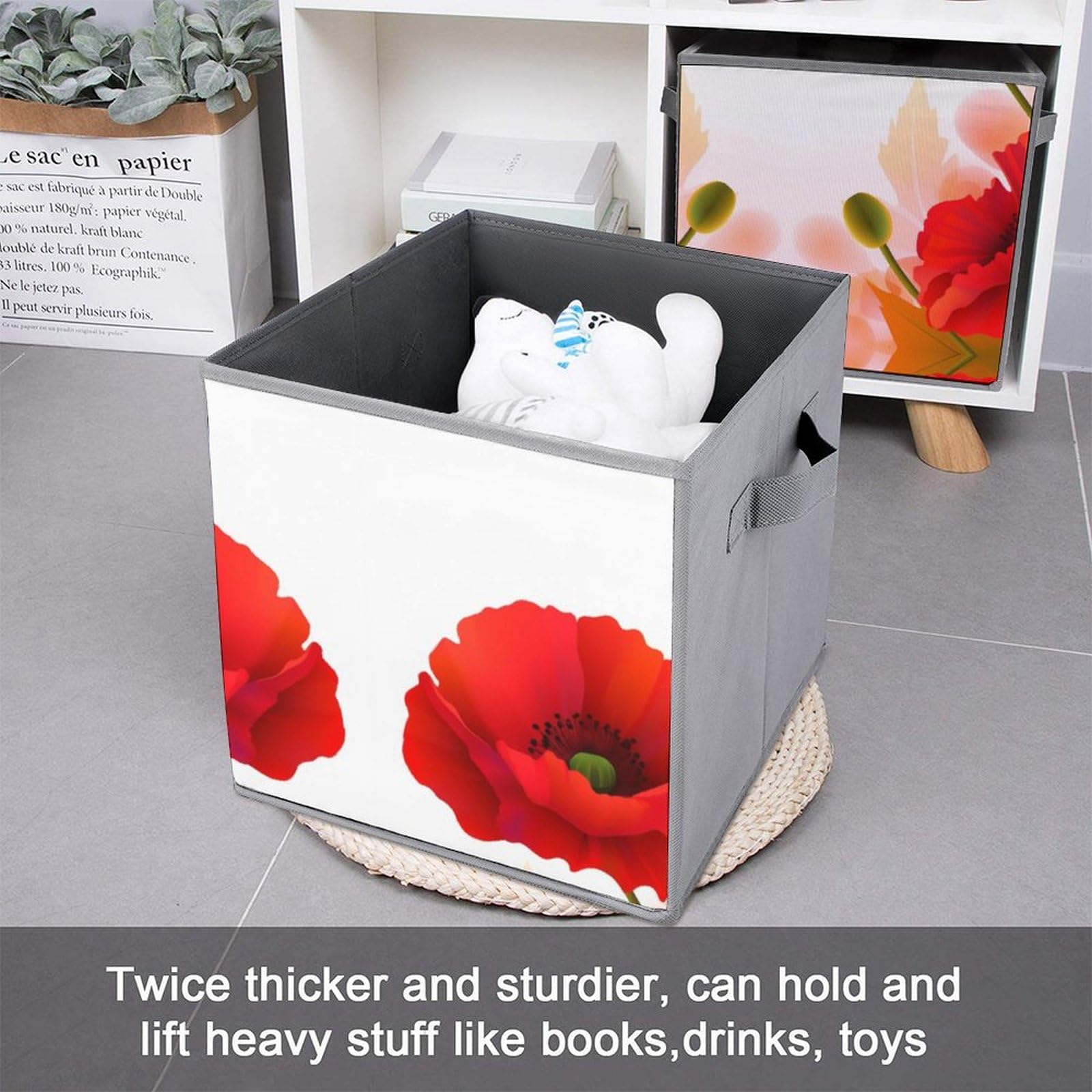 6-Pack Poppy Flower Print Collapsible Storage Bins with Handles - Large Closet Organizer Baskets for Clothing, Toys & Home Organization | Perfect for Bedroom, Nursery & Closet Storage