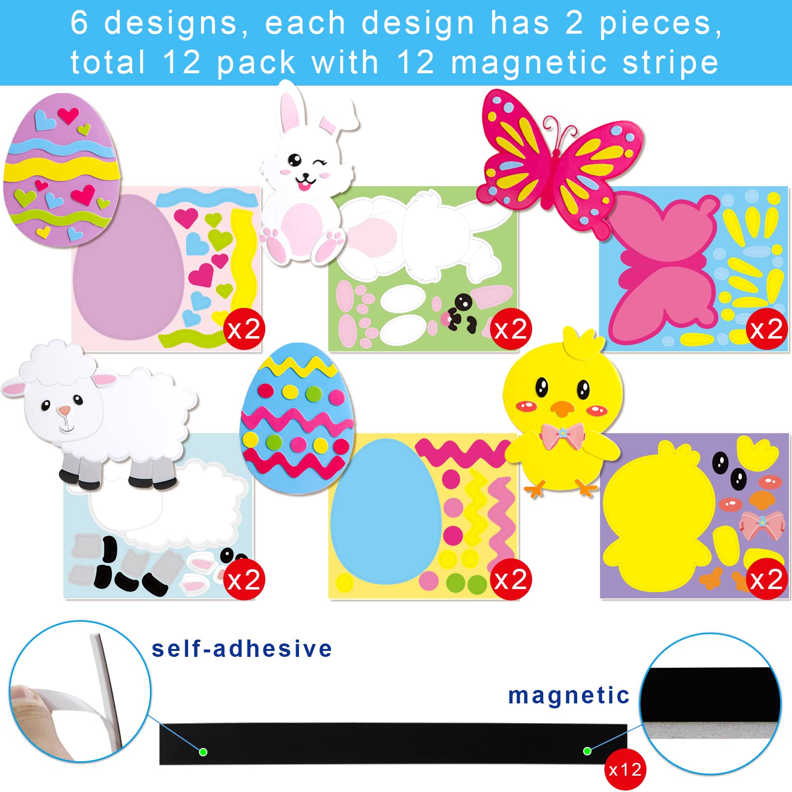 Easter Egg Magnet Craft Kit for Kids - 12 Pack Foam Animal Stickers with DIY Easter Decorations - Fun Party Activities, Classroom Projects & Holiday Home Decor