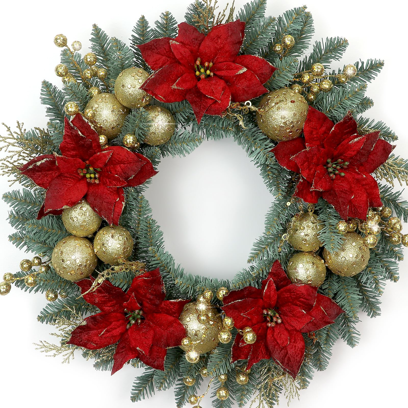 24 Inch Artificial Christmas Wreath for Front Door - Pine Needles with Red & Gold Berries Decorations - Indoor/Outdoor Holiday Decor for Christmas, Home, Office & Party Decoration