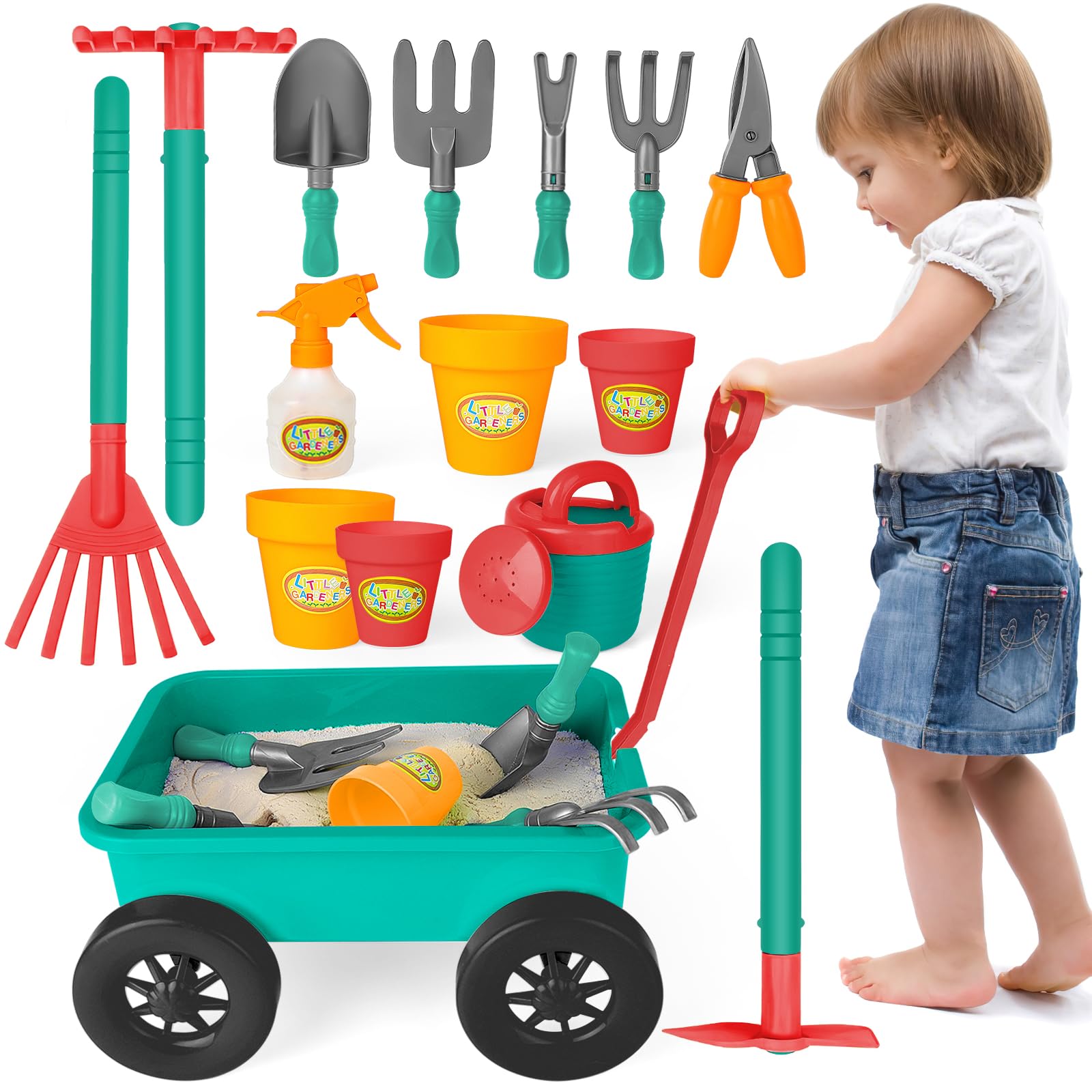 **deAO Kids Garden Wagon Wheelbarrow & Gardening Tools Play Set – 10-Piece Outdoor Toy Kit with 4 Plant Pots – Fun Gardening Pretend Play for Toddlers & Preschoolers – Perfect for Backyard, Sandbox & Outdoor Exploration**
