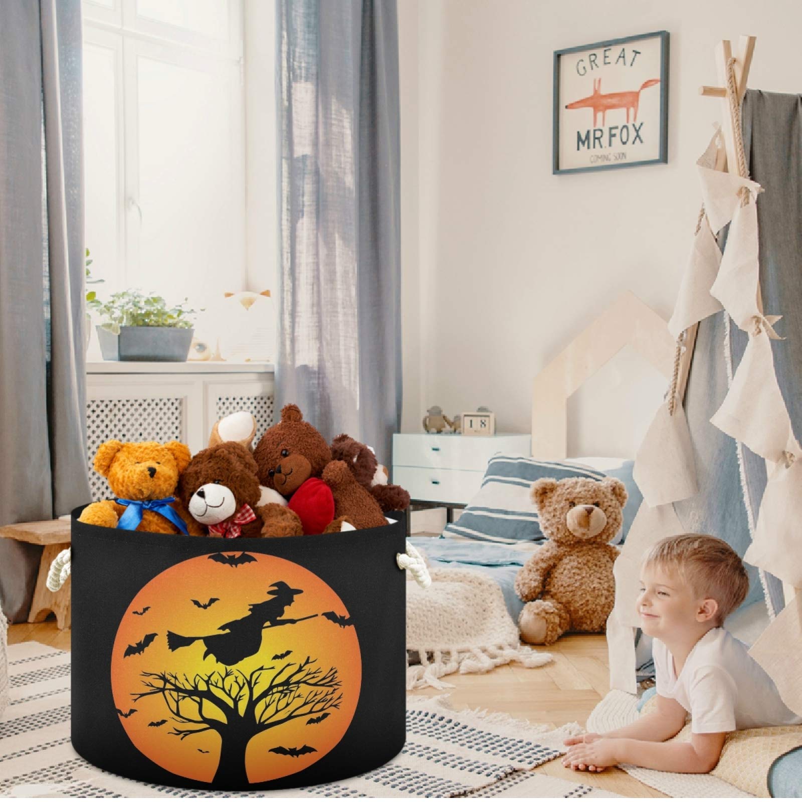 Visesunny Halloween Witch Black Bat & Full Moon Canvas Storage Basket - Waterproof Toy Organizer Bin, Nursery Hamper, Laundry Basket for Kids Room, Playroom, Shelves | Perfect for Halloween Decor, Toy Storage & Kids' Room Organization