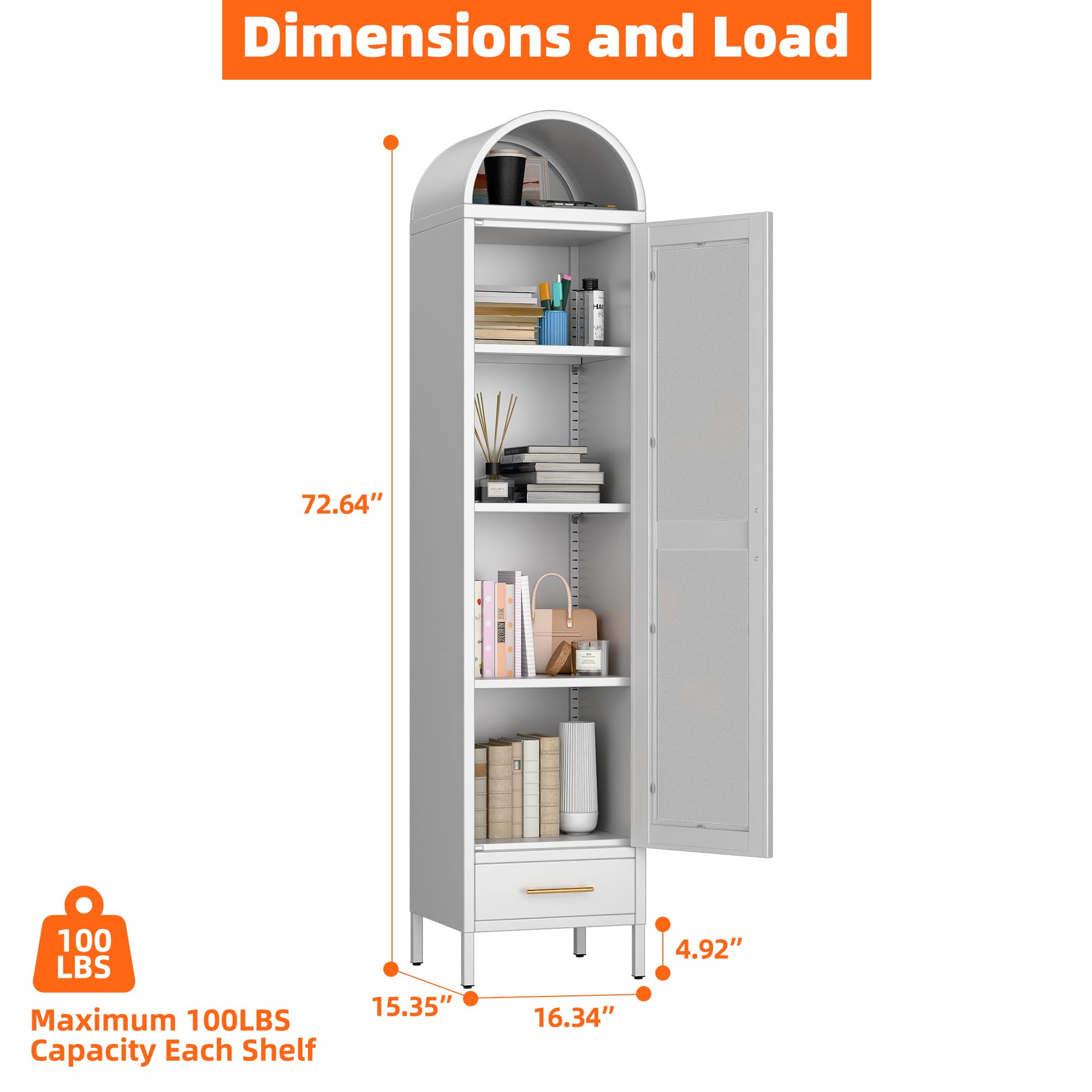 METAN White Metal Arched Storage Cabinet with Glass Door, Drawer & 3 Adjustable Shelves - Modern Bookshelf for Living Room, Kitchen, Pantry | Perfect for Home Organization & Displaying Decor Items