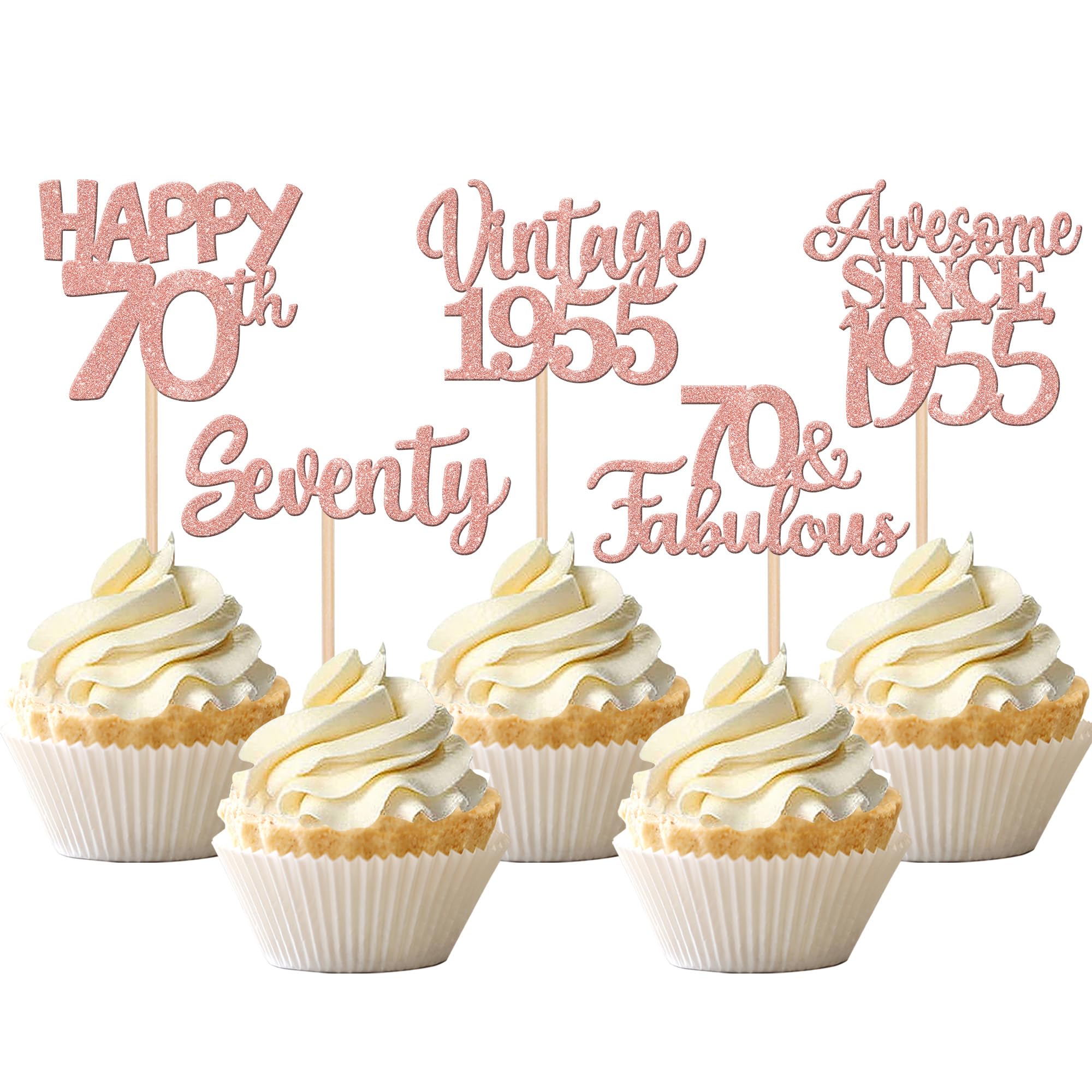 30PCS Vintage 1955 Cupcake Toppers - Glitter 70th Birthday Cake Decorations, Rose Gold Happy 70th Birthday Cupcake Picks for Anniversary Party Supplies - Perfect for Milestone Celebrations, Retirement Parties & Golden Jubilee Events