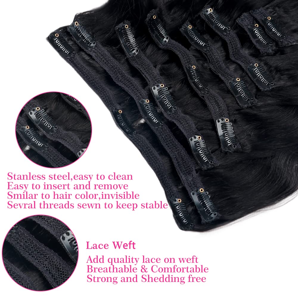 22 Inch Clip-in Hair Extensions - 8Pcs Brazilian Real Human Hair, Body Wave, 18 Clips, Double Lace Weft, 120g, #1B Natural Black - Perfect for Daily Styling, Parties & Special Occasions