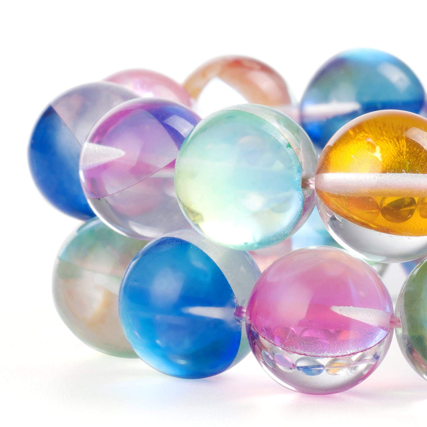 **Aura Iridescent Round Moonstone Crystal Glass Beads for Jewelry Making - 12mm Mixed Colors (1 Strand) - Perfect for Necklaces, Bracelets & DIY Craft Projects**