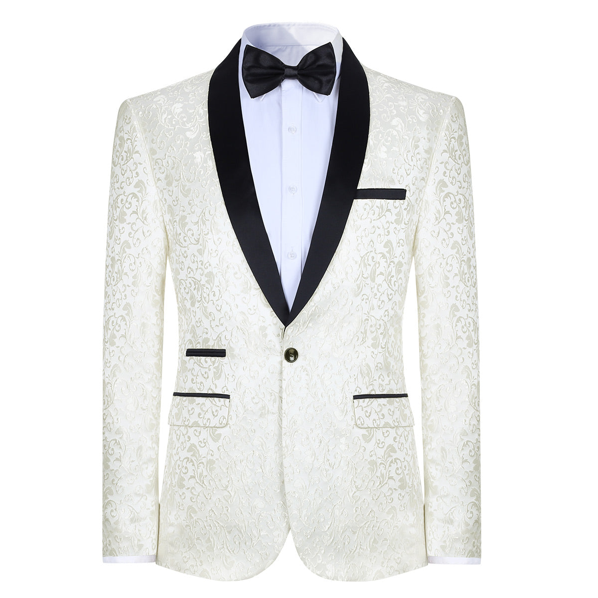 Men's Floral Jacquard Tuxedo Blazer - Printed Formal Dress Suit Jacket for Weddings, Parties & Special Occasions - White