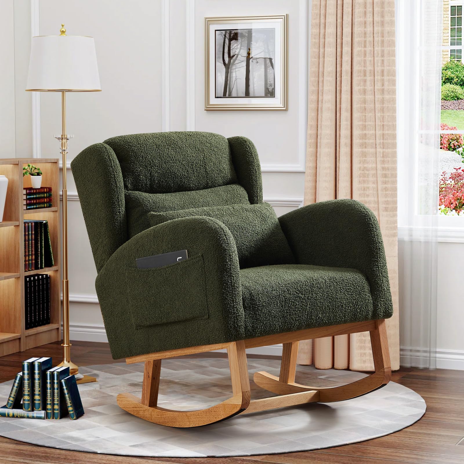 Antetek Modern Rocking Chair - High Back Teddy Upholstered Nursery Rocker with Lumbar Support, Wingback Accent Armchair for Living Room, Bedroom & Nursery (Green) | Perfect for Nursing, Reading & Relaxing