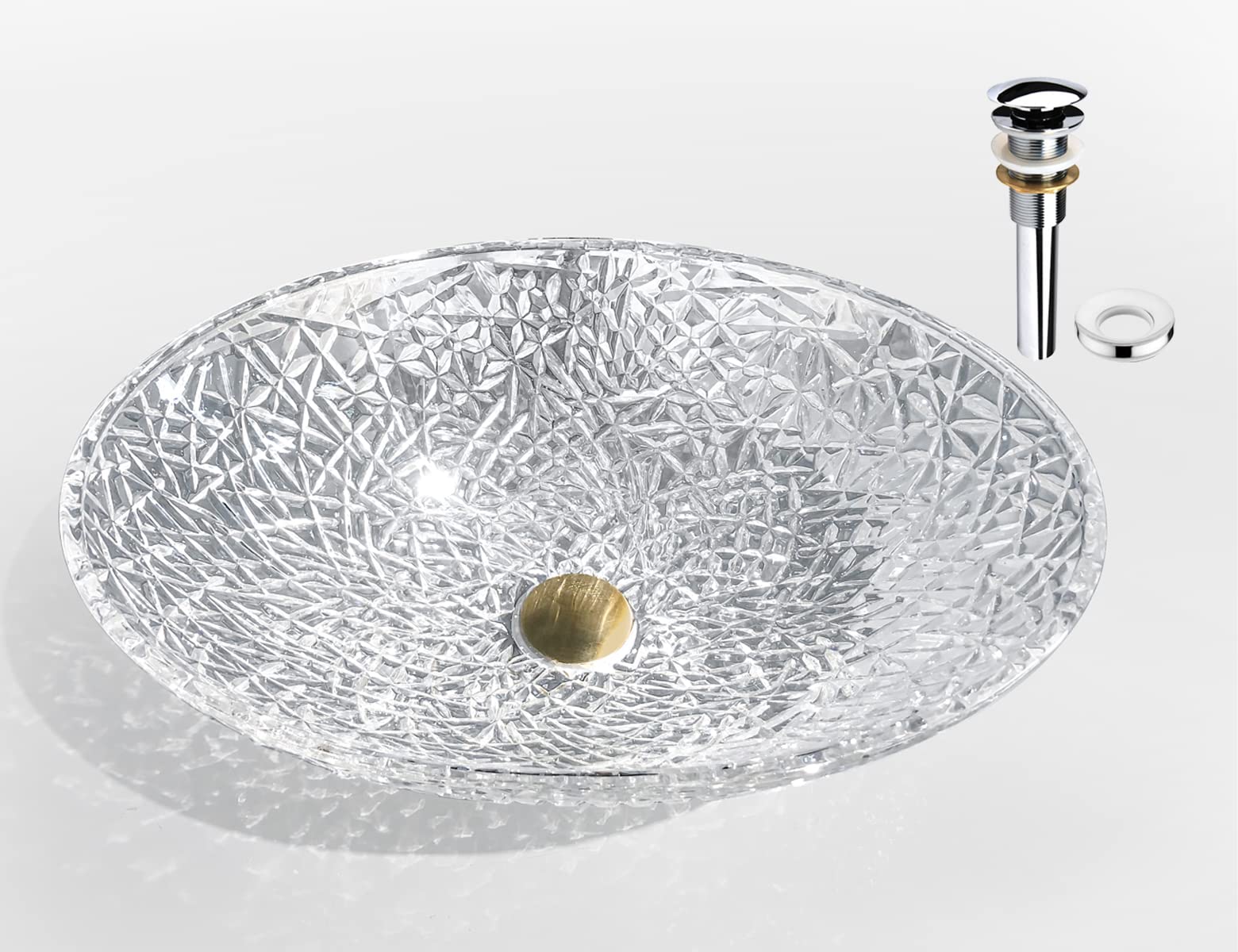 Premium Crystal Glass Vessel Sink - Oval Ice Clear Bathroom Vanity Countertop Sink with Pop-Up Drain | Glossy Surface Finish | Modern Luxury for Spa, Hotel & Upscale Home Bathrooms | FW-LA619