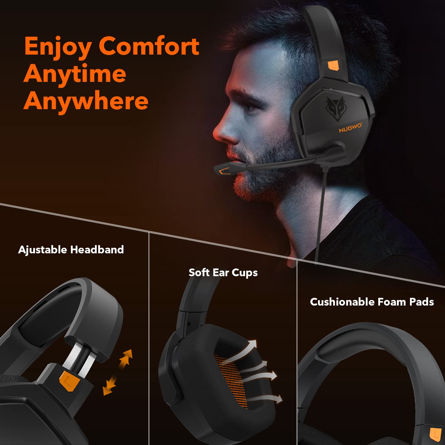 NUBWO Gaming Headset for PS4, PS5, PC, Xbox One - Over-Ear Headphones with Noise Cancelling Mic for Laptops & Console Gaming (Orange) - Perfect for Competitive Gaming, Streaming & Online Meetings