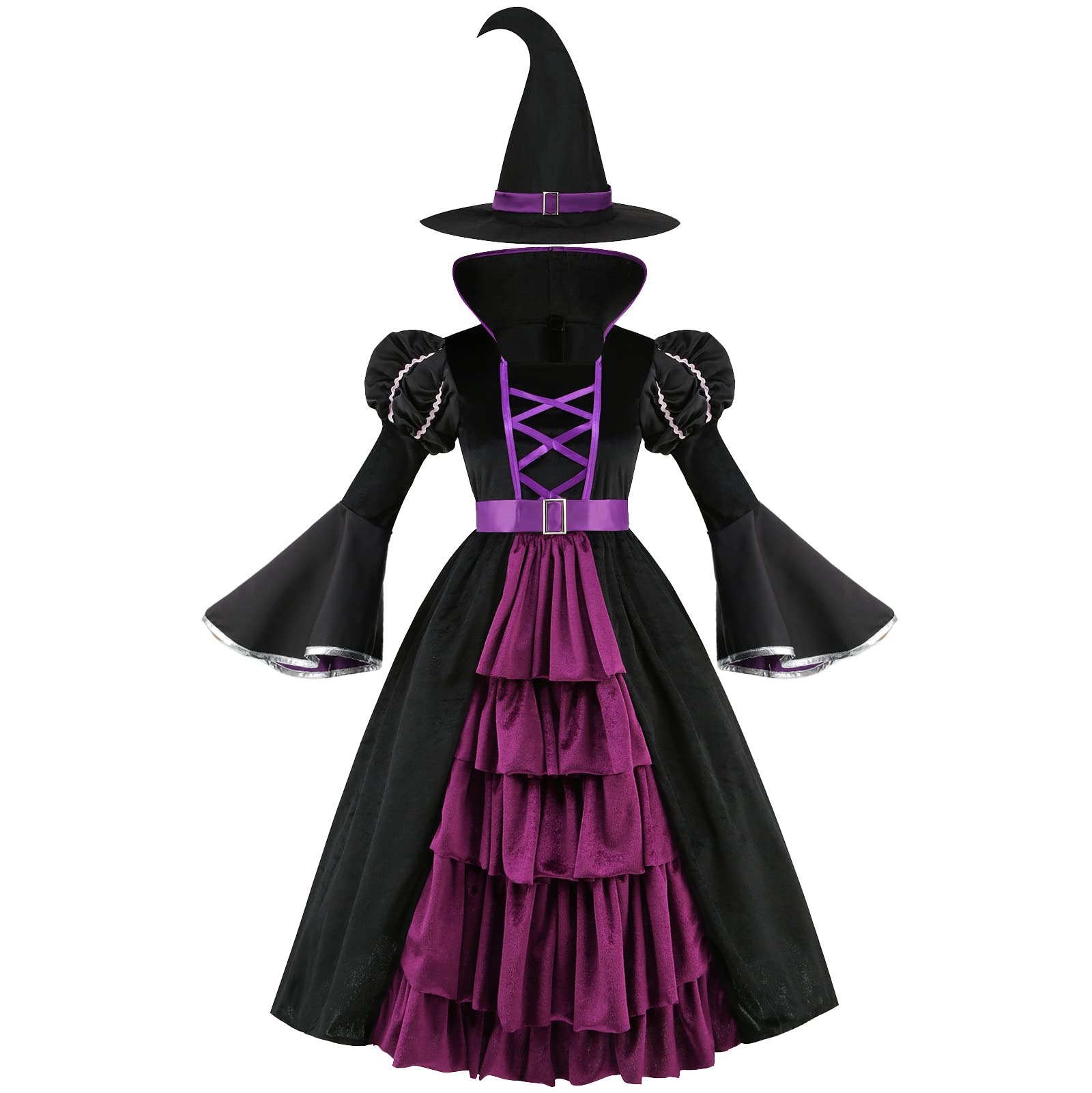Yolsun Purple Witch Costume for Girls - Bubble Sleeve Halloween Dress for Kids | Perfect for Trick-or-Treating, Costume Parties & Spooky Photo Shoots
