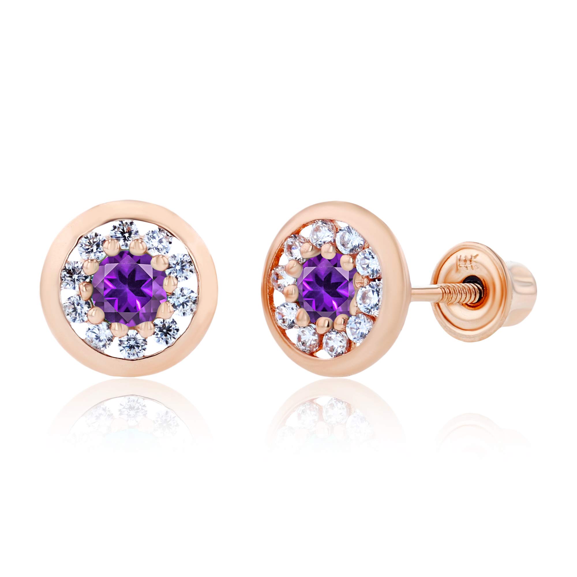 14K Solid Gold 6mm Round Natural Birthstone Screwback Stud Earrings for Women | 2.50mm Round Birthstone | 1mm Created White Sapphire Pavé Circle Earrings | Perfect for Everyday Wear, Gifts & Special Occasions