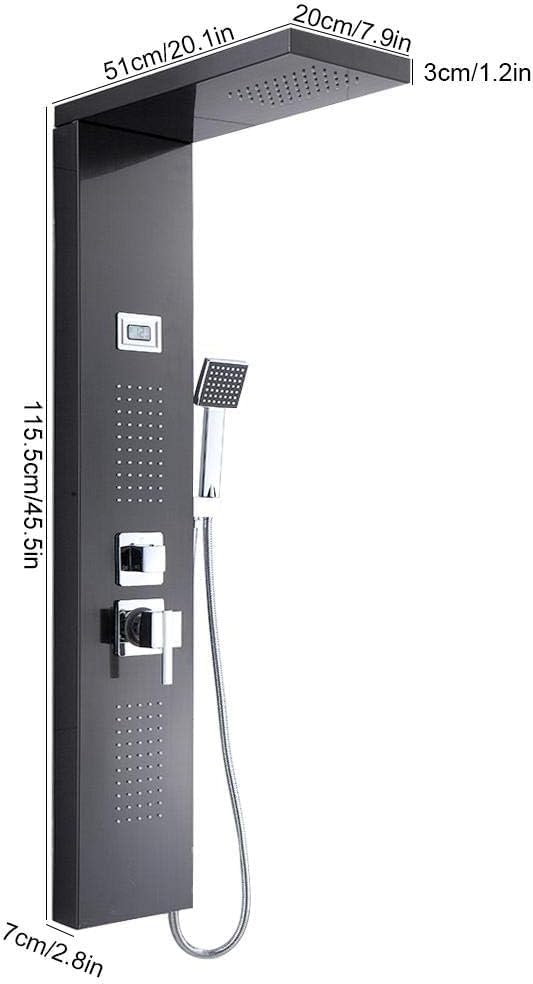 Premium 304 Stainless Steel 6-in-1 Shower Panel System with LED Rainfall, Waterfall, Hand Shower & Body Massage Jets - Black Glossy Finish for Luxurious Bathroom Spa Experience - Perfect for Modern Home Renovation and Relaxing Shower Sessions
