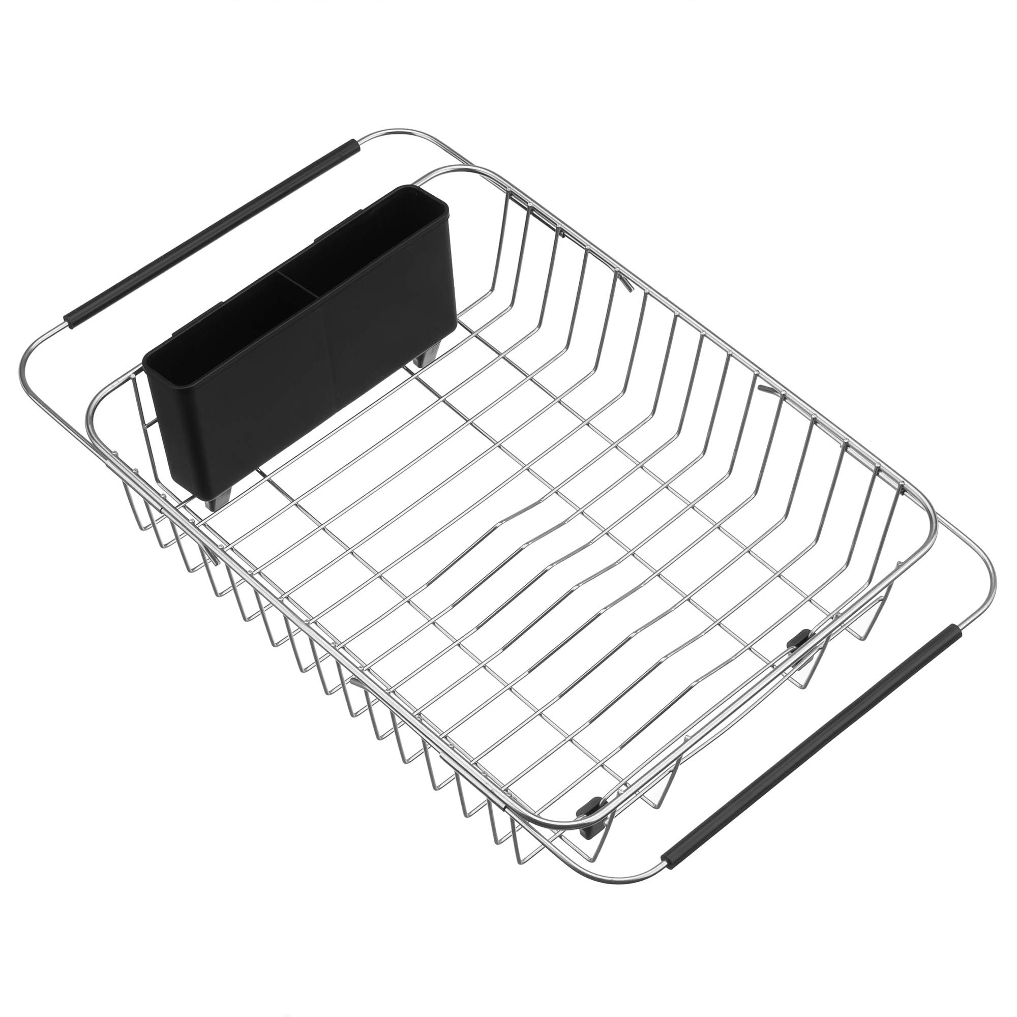 SANNO Expandable Stainless Steel Dish Drying Rack - Over The Sink or Countertop Space Saving Dish Drainer with Utensil Holder - Rustproof Kitchen Organizer for Small Spaces & Apartment Living
