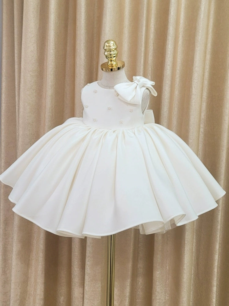 Princess Round Neck Tea Length Satin Flower Girl Dress - White for Weddings, Parties & Special Occasions