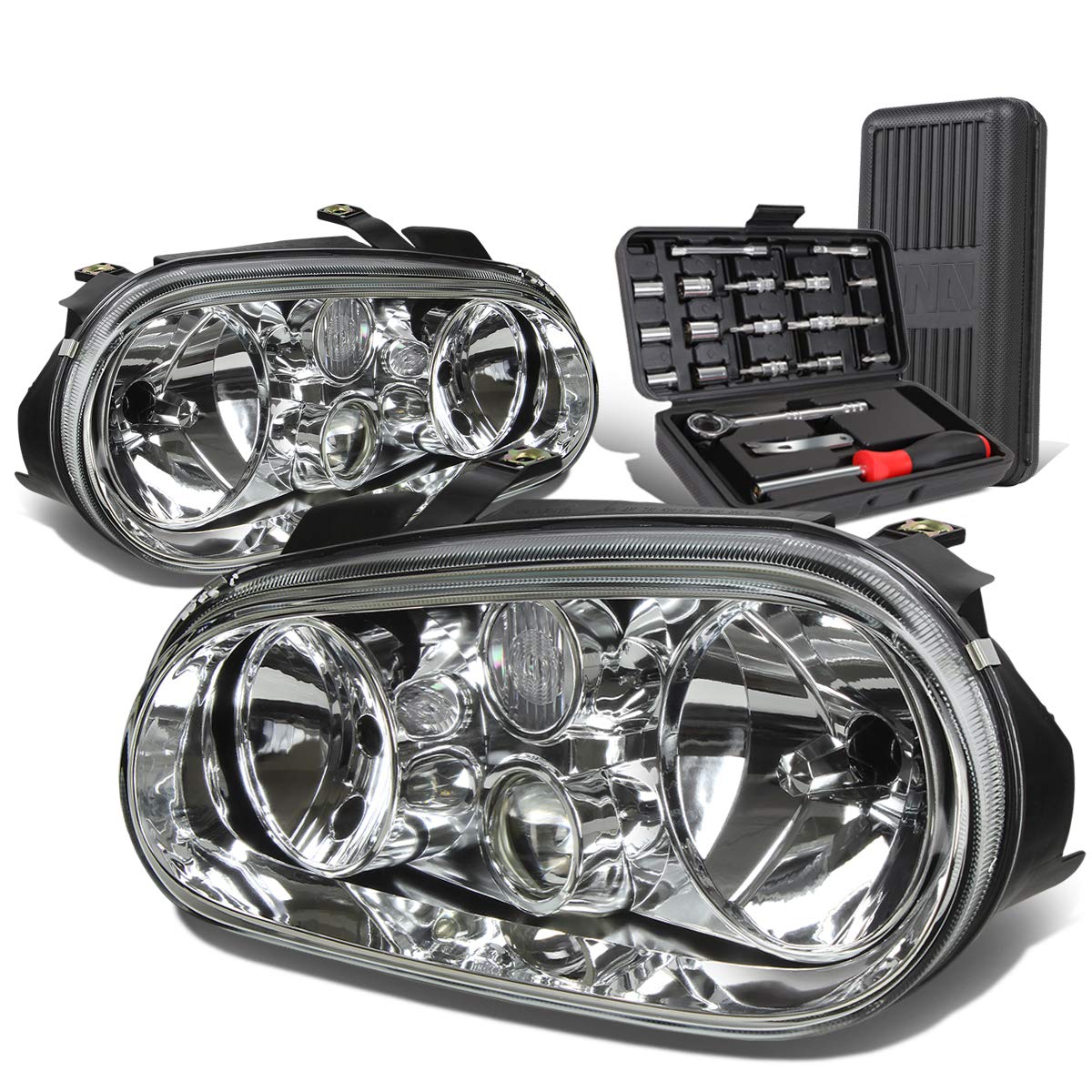 Auto Dynasty Pair of Chrome Housing Headlight Lamps + Tool Kit Compatible with VW Golf MK4 MK IV 1999-2002 - Upgrade for Better Night Visibility & Style