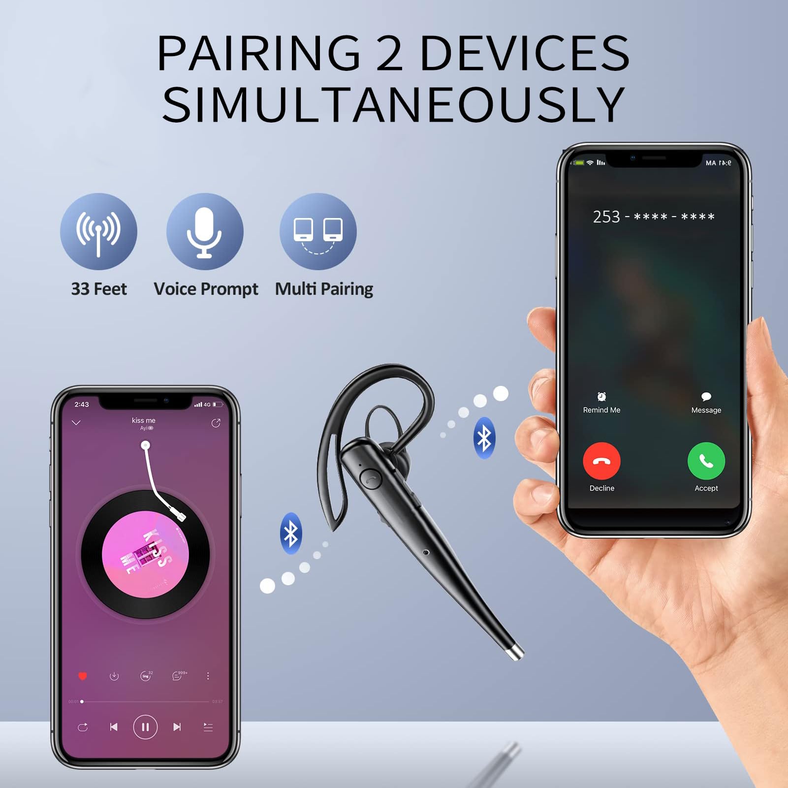 Wireless Bluetooth Headset with Noise Cancelling Microphone - Single Ear Hands-Free Headphones for iPhone, Android, Office, Truckers & Work Calls | Perfect for Business, Driving & Remote Work