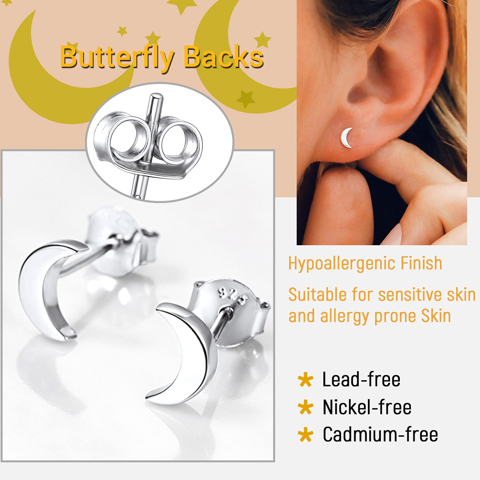 925 Silver Moon Star Earrings for Women - Hypoallergenic Celestial Jewelry for Gifts & Daily Wear