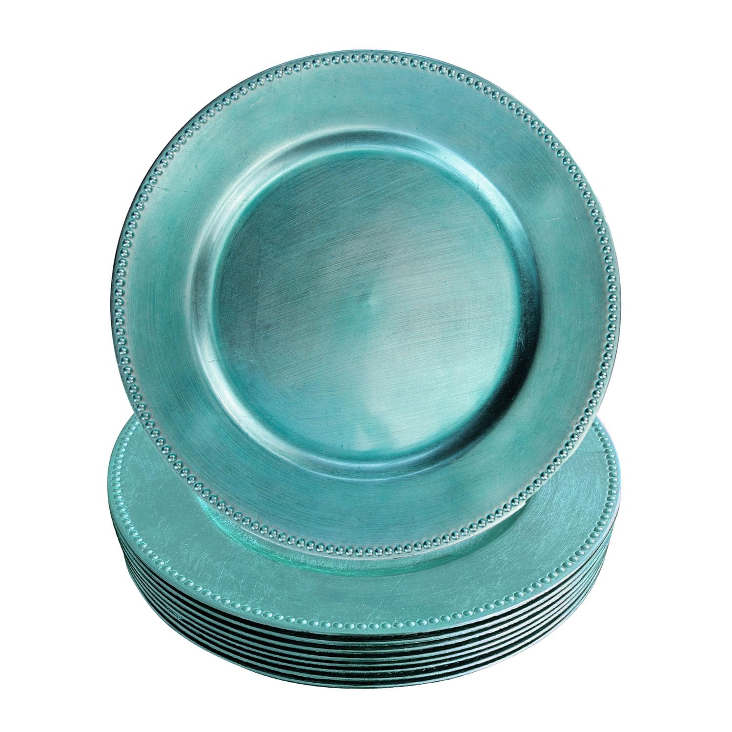 Turquoise Plastic Beaded Charger Plates - Set of 12, 13 Inch Round Metallic Wedding Party Dinner Plates for Elegant Table Decor, Bridal Shower, Anniversary & Special Events (Turquoise, 12 Pack)