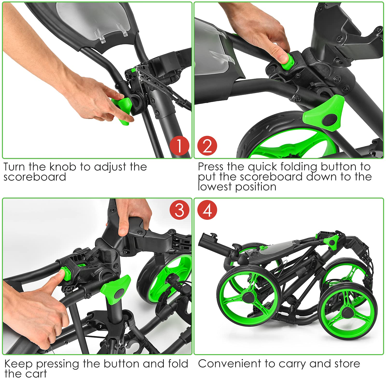 GYMAX 4 Wheel Folding Golf Push Cart - Adjustable Height Golf Trolley with Umbrella Holder, Cup Holder & Foot Brake - Lightweight Portable Golf Caddy for Adults & Teens - Perfect for Course, Driving Range & Practice Sessions