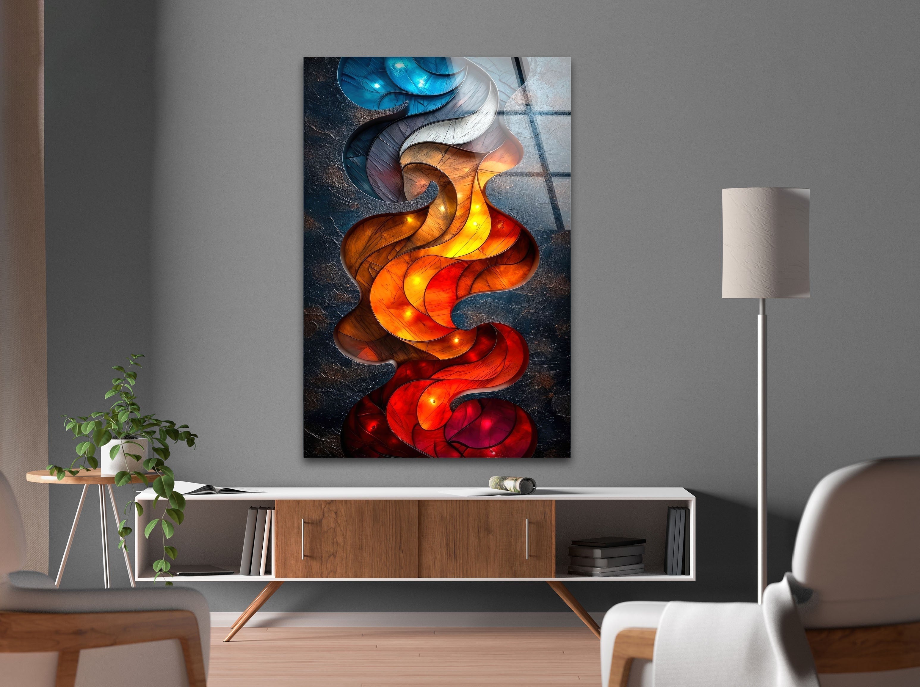 Blue & Red Design Glass Wall Art - Modern Handmade Decorative Panel for Living Room, Bedroom, or Office - Perfect for Home & Interior Decor