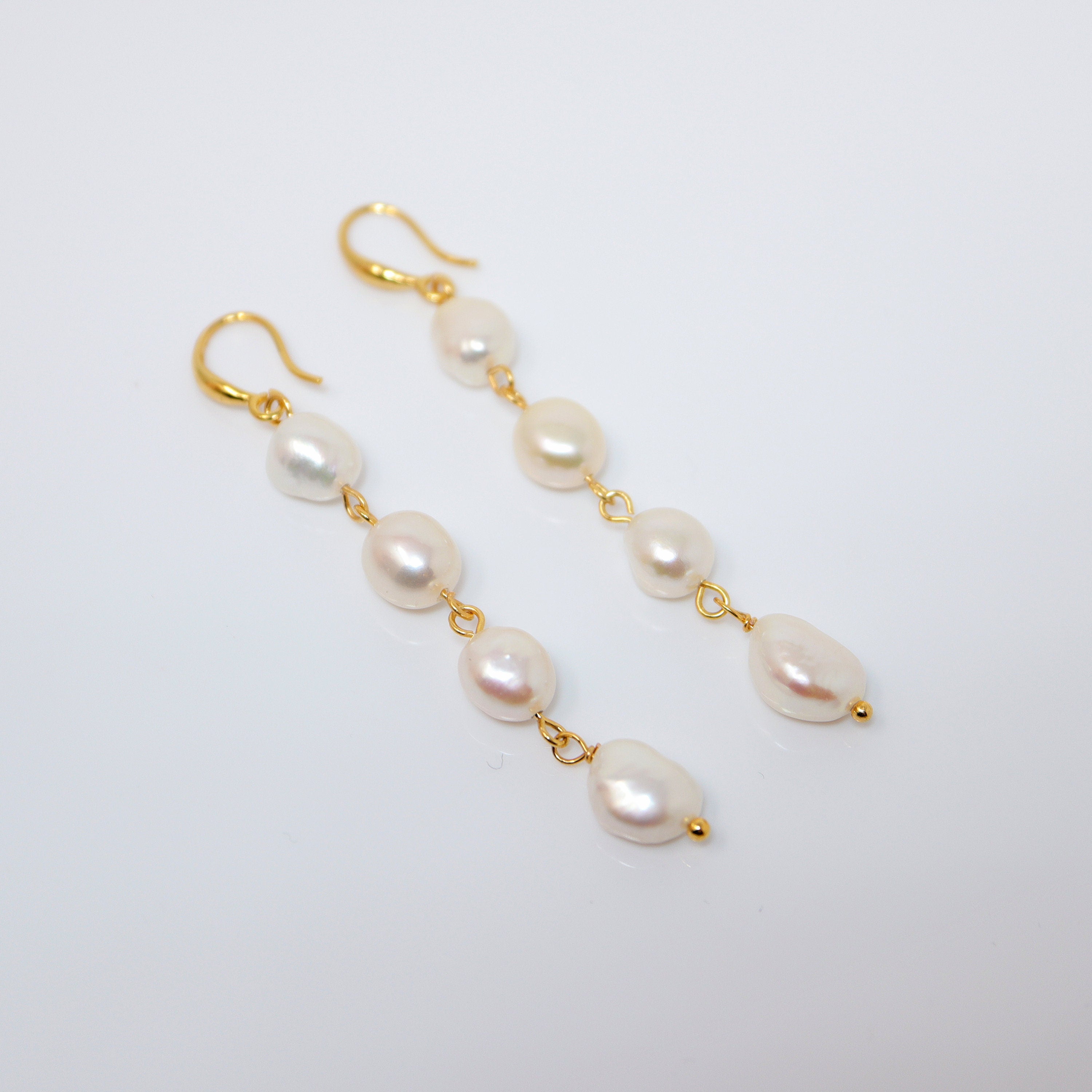 4 Freshwater Cultured Pearl Bezel Hook Earrings - Gold Pearl Bridal Jewelry - Long Statement Earrings for Weddings, Parties & Special Occasions