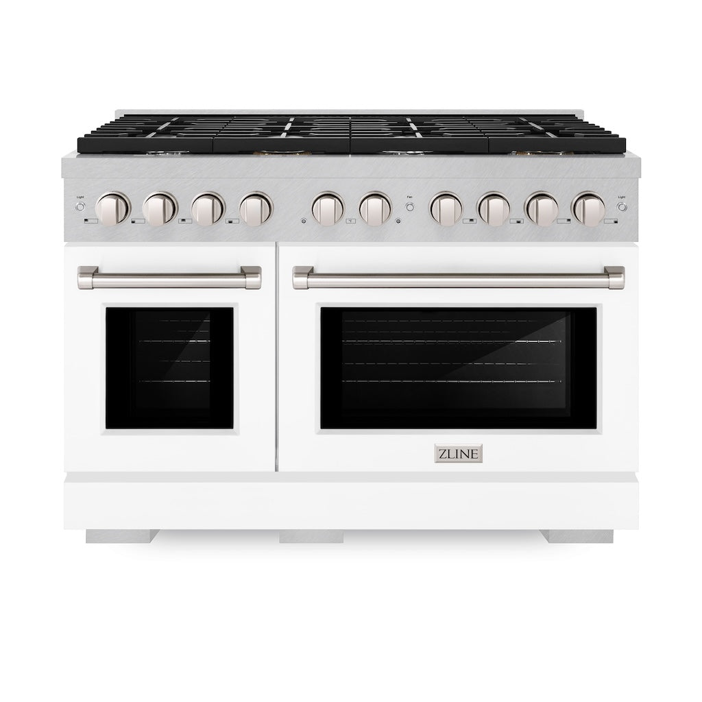 ZLINE 48-Inch 6.7 cu. ft. Double Oven Gas Range with 8-Burner Cooktop - Satin Stainless Steel & White Matte Doors (SGRS-WM-48) | Professional Kitchen Appliance for Home Chefs & Baking Enthusiasts