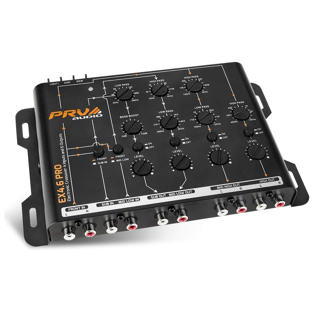 PRV Audio EX4.6 PRO 4-Way/3-Way Electronic Crossover - 9V Car Audio Processor with 4 Input & 6 Output RCA Channels for Premium Sound System | Perfect for Car Audio Upgrades, Custom Installations, and Professional Sound Tuning