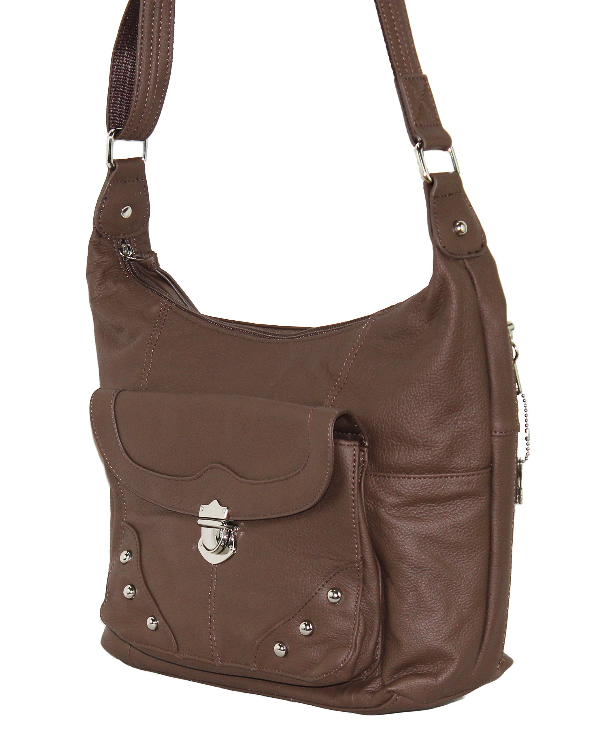 Concealed Carry Purse for Women - Stylish Studded Leather Gun Handbag with Front Pocket - Ambidextrous Left & Right Hand Draw - CCW Approved by Roma Leathers (Brown) - Perfect for Everyday Safety & Fashion