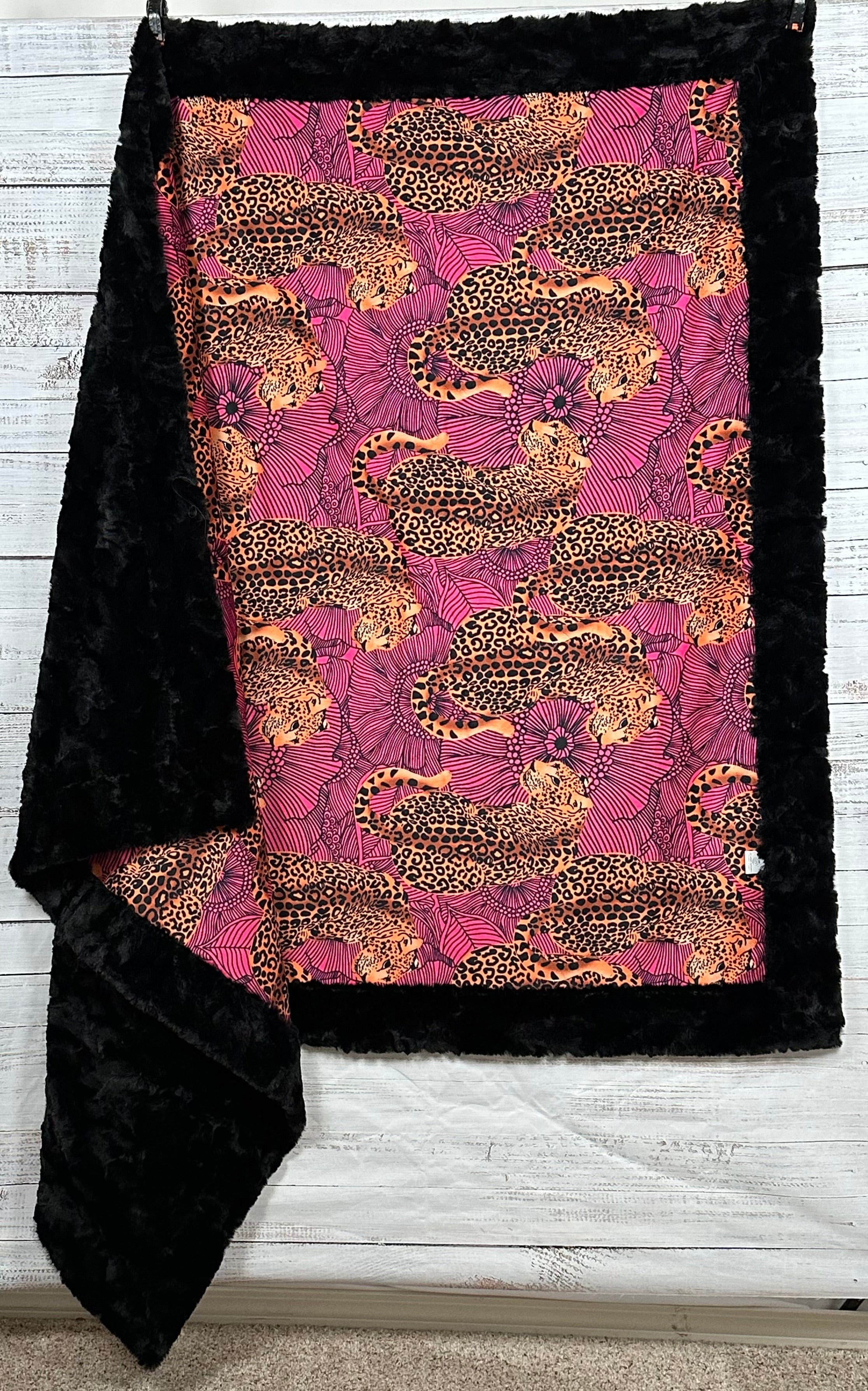 Leopard Print Hot Pink Kaleidoscope Pattern Black Tuscany Large Throw Blanket 55x79 Inches - Soft Cozy Blanket for Bed, Sofa, Outdoor Picnics & Home Decor