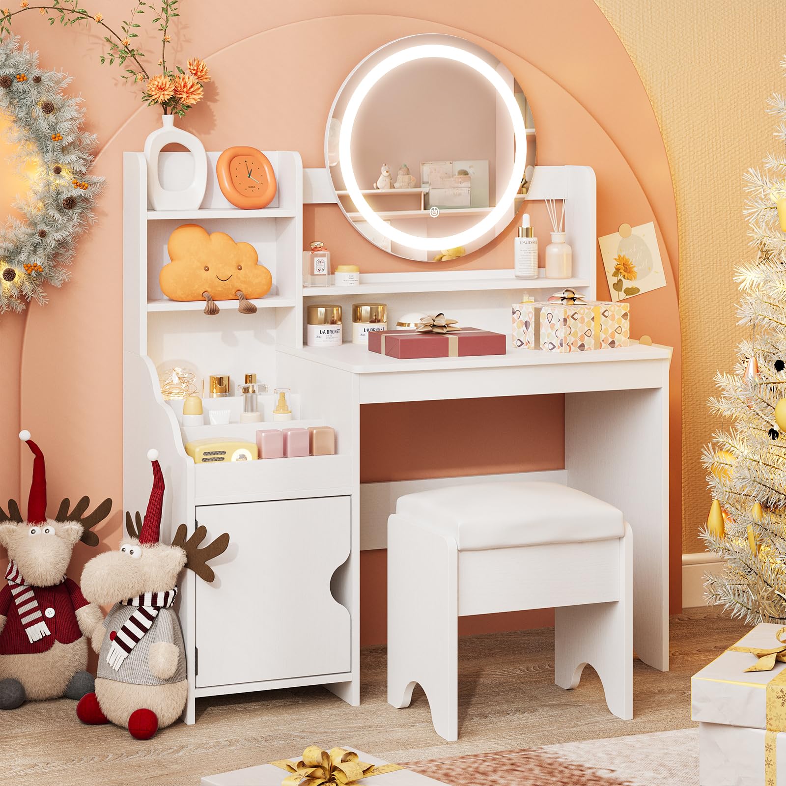 Vabches Kids Vanity Set with LED Lights - Princess Makeup Vanity Desk with Bookshelf, Storage Cabinet & Shelves - Toddler Vanity Table & Chair Set - Pretend Play Dress Up Toy for Little Girls (White) - Perfect for Bedroom Decor & Imaginative Play