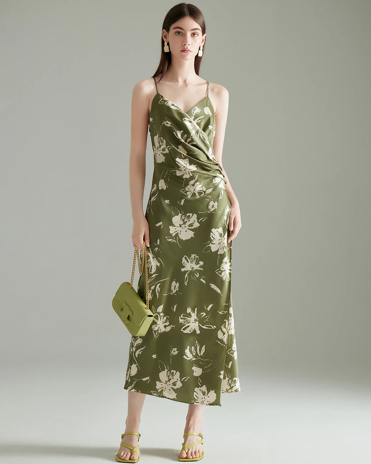 Elegant Green Floral Print Silk Dress for Women - Summer Party, Wedding Guest & Special Occasion Wear