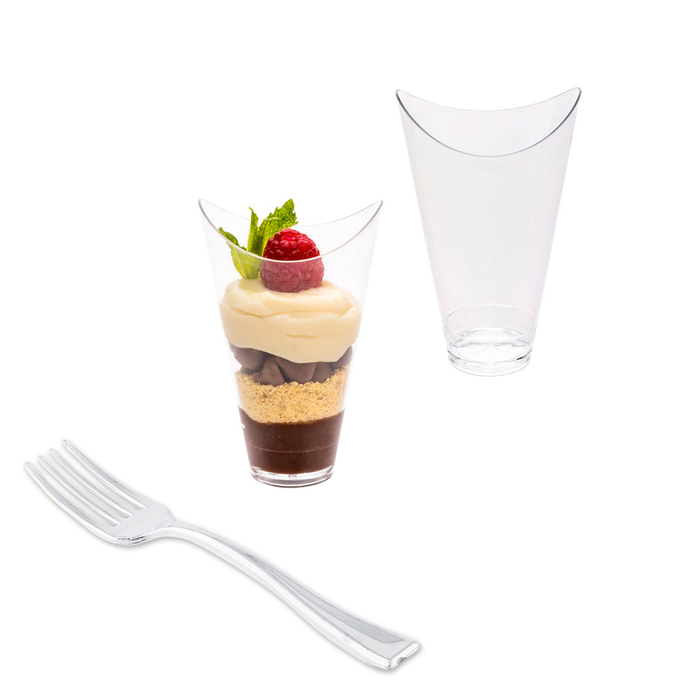 100 Pack 3 oz Clear Plastic Mini Mezzaluna Cups with 100 Silver Plastic Mini Forks - Perfect for Party Appetizers, Wedding Favors, and Dessert Serving