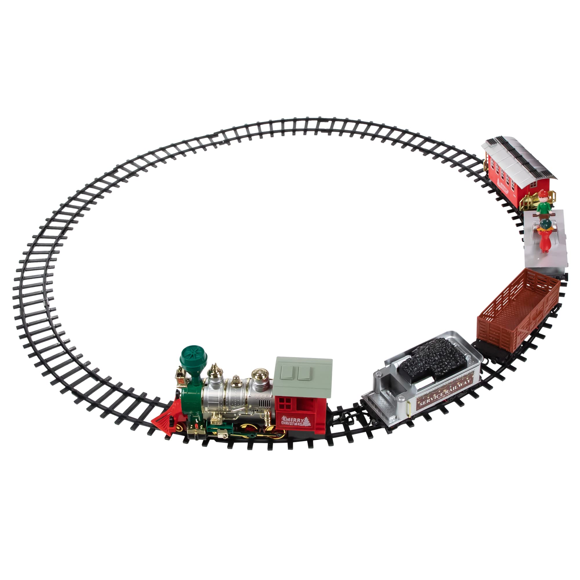 35-Piece Silver and Red Battery-Powered Animated Lighted Classic Train Set with Realistic Sound Effects - Perfect for Christmas Decorations, Holiday Displays, and Model Railroad Enthusiasts