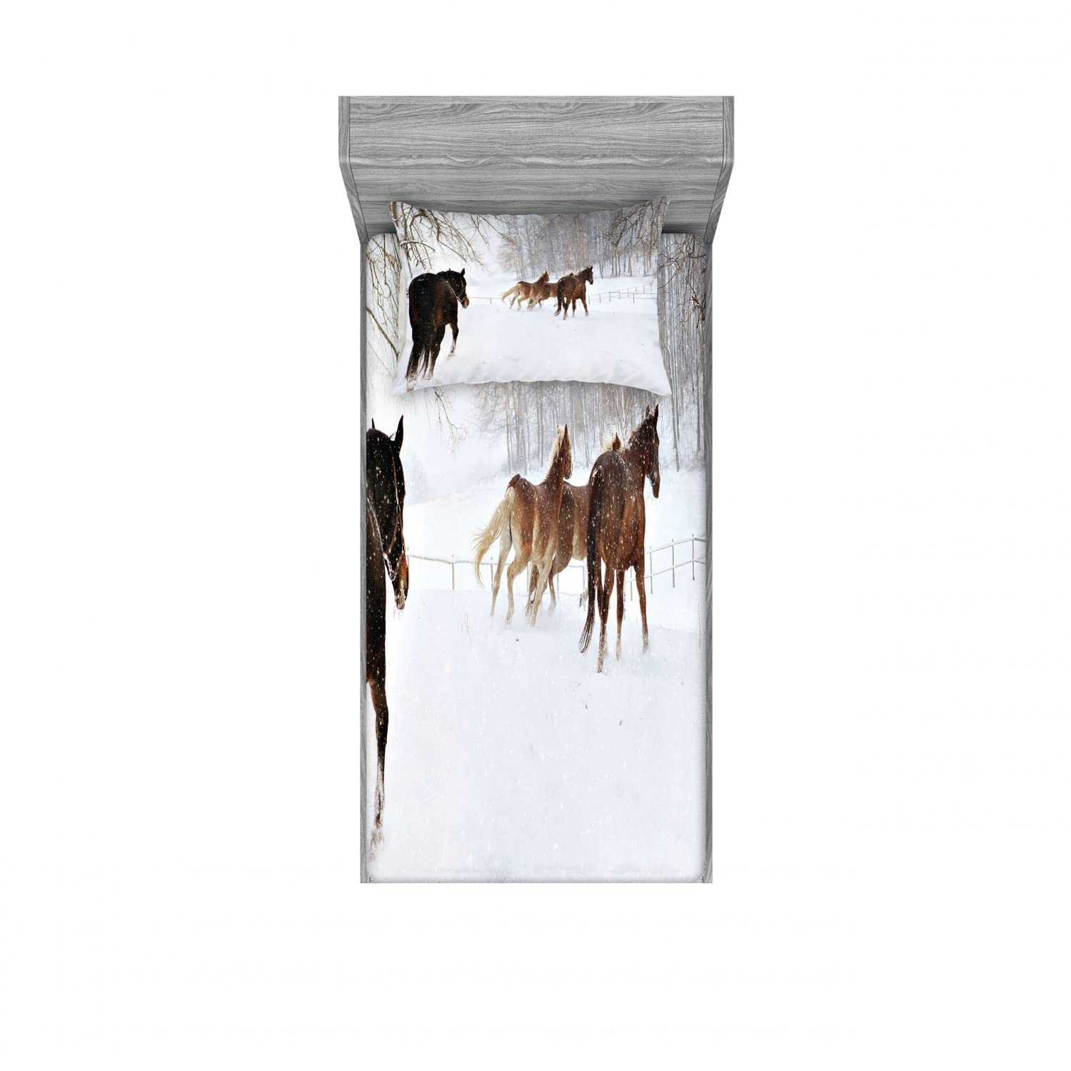Ambesonne Winter 2-Pack Twin Fitted Sheet & Pillow Sham Set - Horses in Snowy Forest Design, 4-Piece Bedding Decor (Brown/White) - Cozy Cabin Retreat & Holiday Bedroom Upgrade