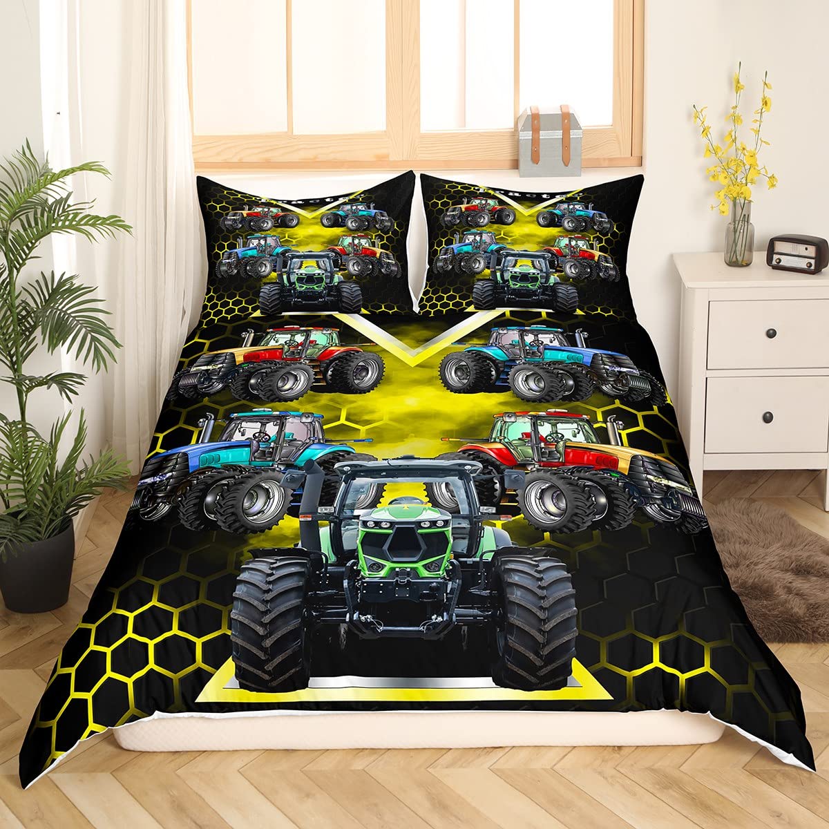 Feelyou Honeycomb Tractor Duvet Cover Set - Farm Tractor Themed Bedding for Kids Boys & Girls - Cool Construction Vehicle Design - Twin Size (1 Duvet Cover + 1 Pillowcase) - Perfect for Farmhouse Kids' Rooms, Themed Bedrooms & Gift Giving
