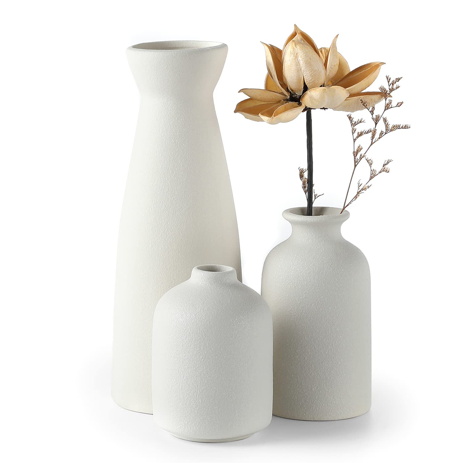 White Ceramic Vase Set of 3 - Small Modern Boho Farmhouse Flower Vases for Home Decor, Shelf & Tabletop Display - Perfect for Pampas Grass, Dried Flowers, Bookshelf, Entryway and Wedding Centerpieces - Distressed Finish