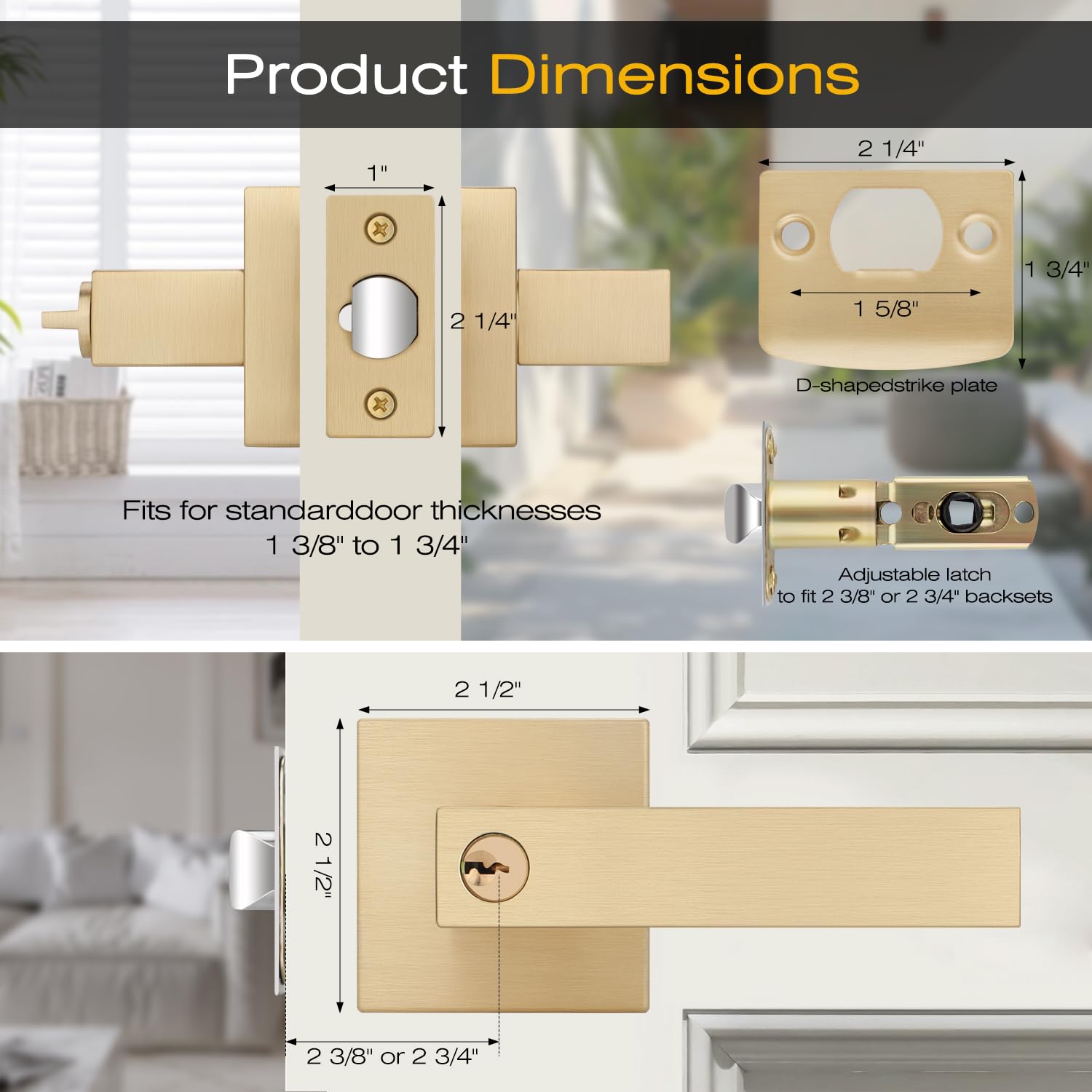 EHOMEWARE 4 Pack Keyed Alike Entry Door Handles with Lock - Gold Door Lever Set for Indoor & Outdoor Use - Bedroom, Bathroom & Exterior Doors - Includes Keys for Home Security & Convenience